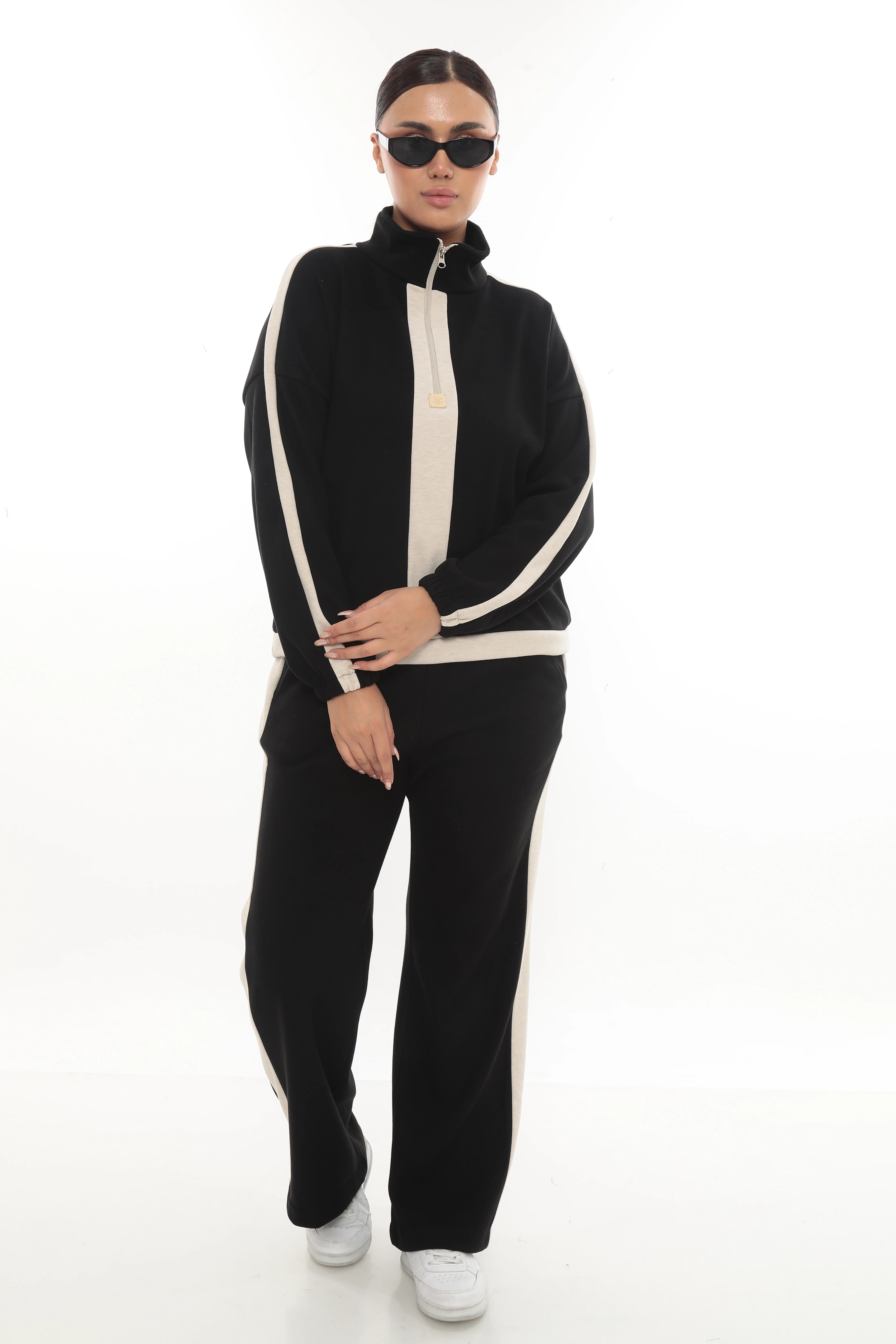 Kadın Yarım Fermuarlı Yün Kumaş Alt Üst Kışlık Takım 7-10-4011 - Siyah