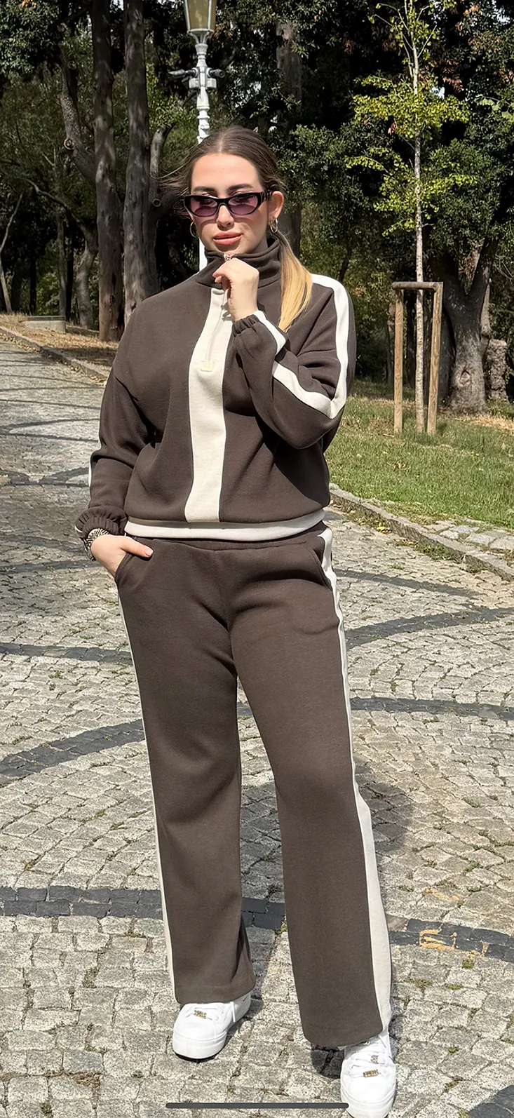 Kadın Yarım Fermuarlı Yün Kumaş Alt Üst Kışlık Takım 7-10-4011 - Haki-Yeşil