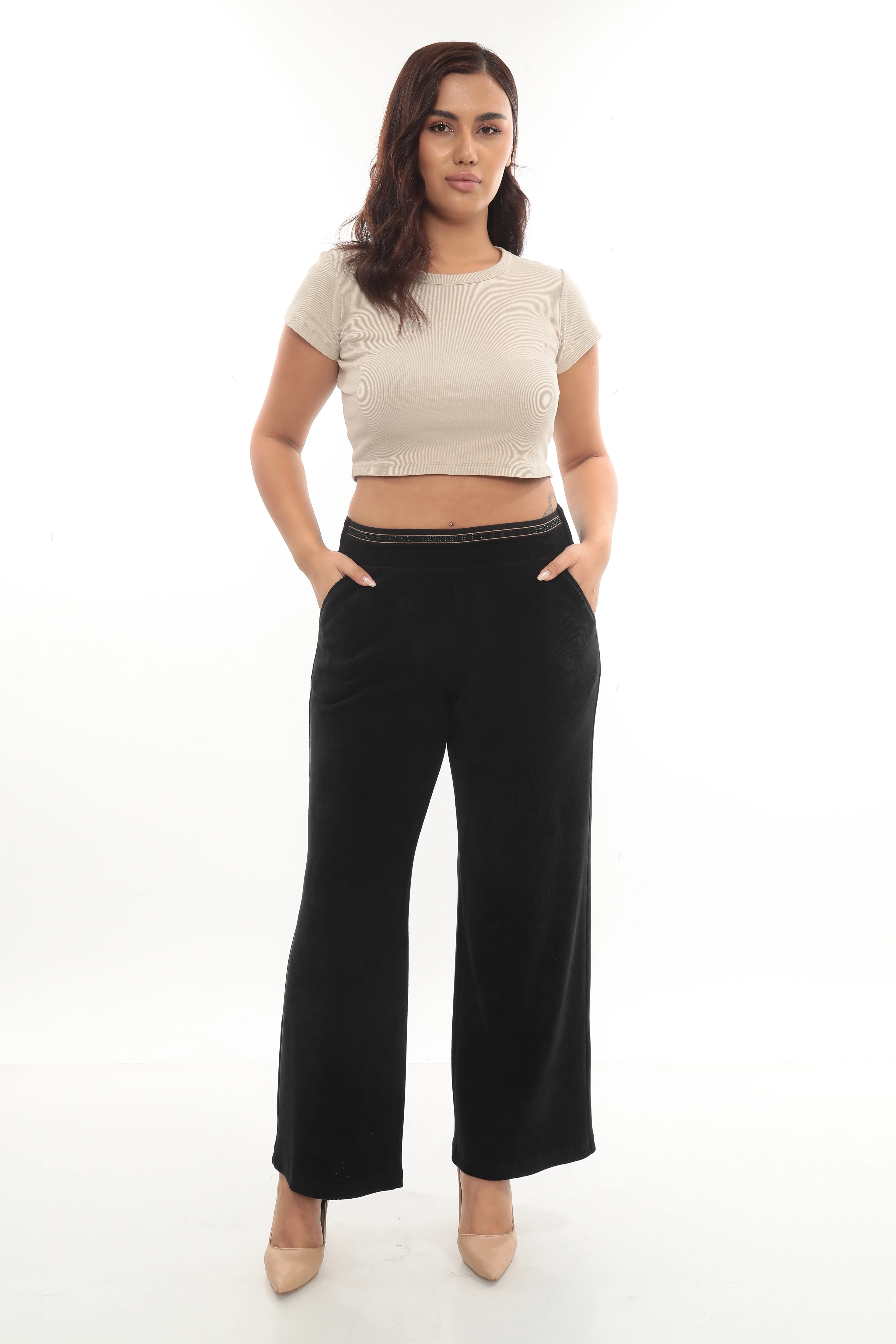 Kadın Taş Şeritli Dikme Aksesuarlı Büyük Beden Kışlık Kadife Pantolon 1-04-4022 - Siyah