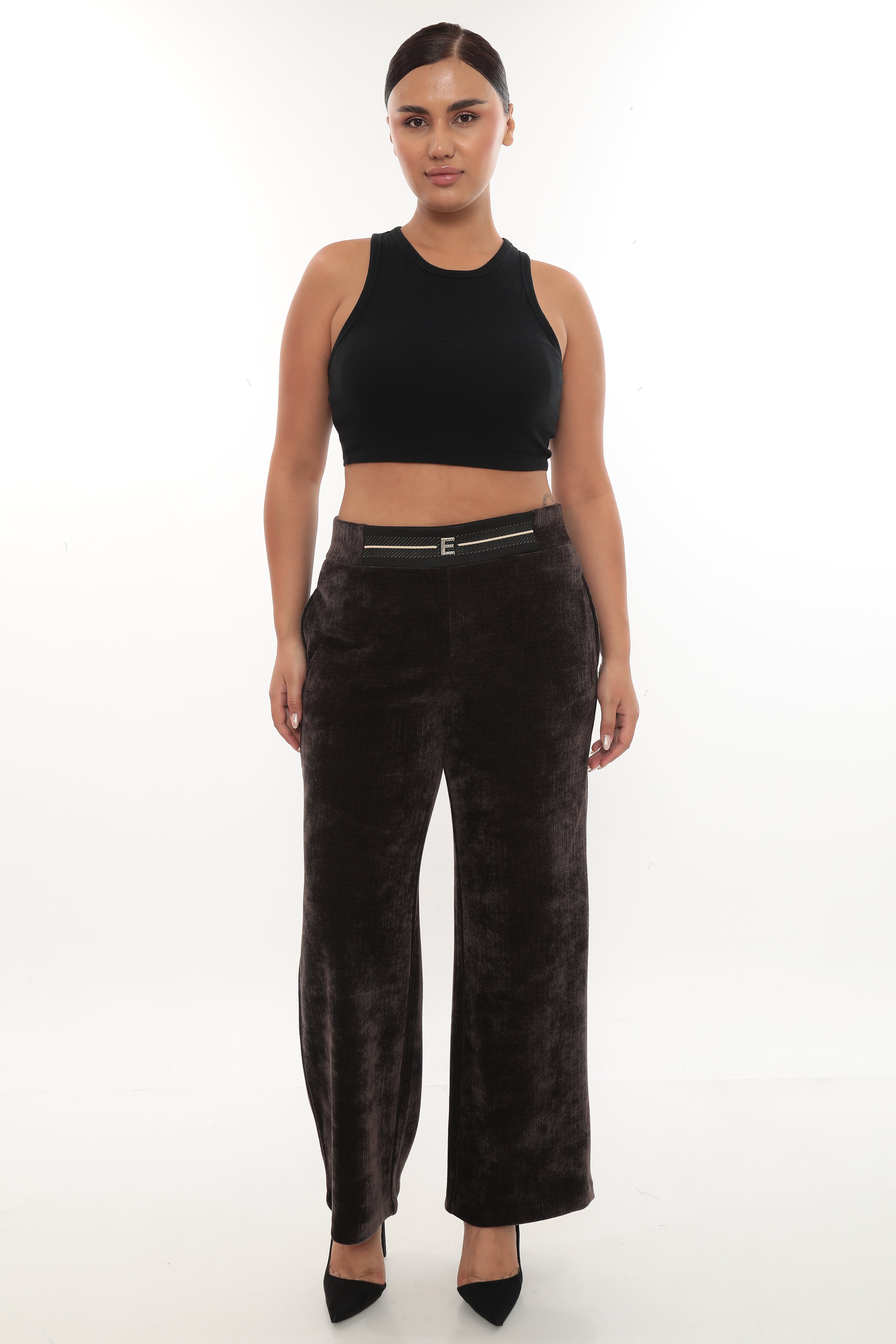 Kadın Lastik Kemerli Kalın Kadife Pantolon 1-02-4003-1002 - Kahverengi