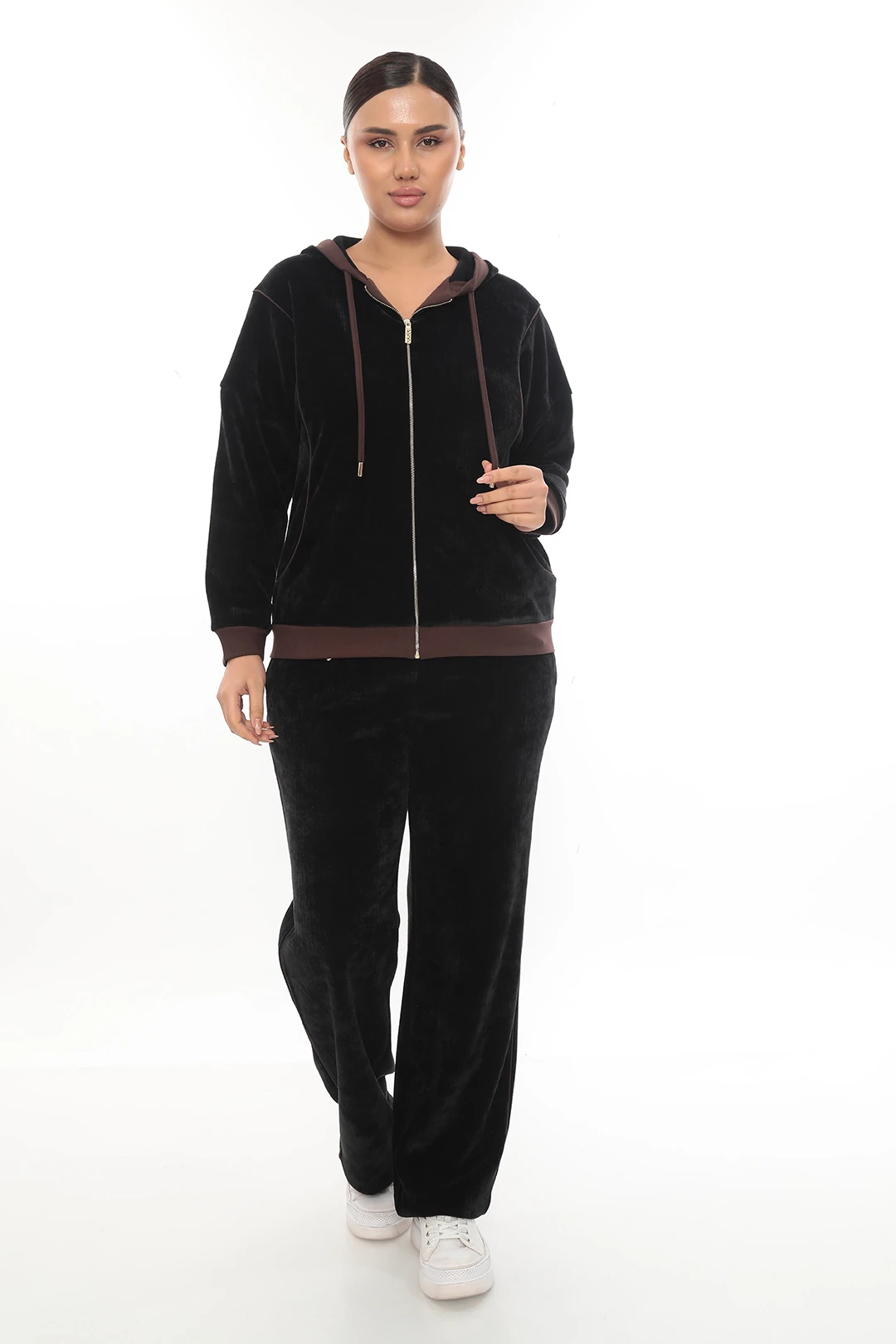 Kadın Kapüşonlu Fermuarlı Çift Renk Şeritli Kalın Kadife Eşofman Takımı 7-02-4022 - Siyah