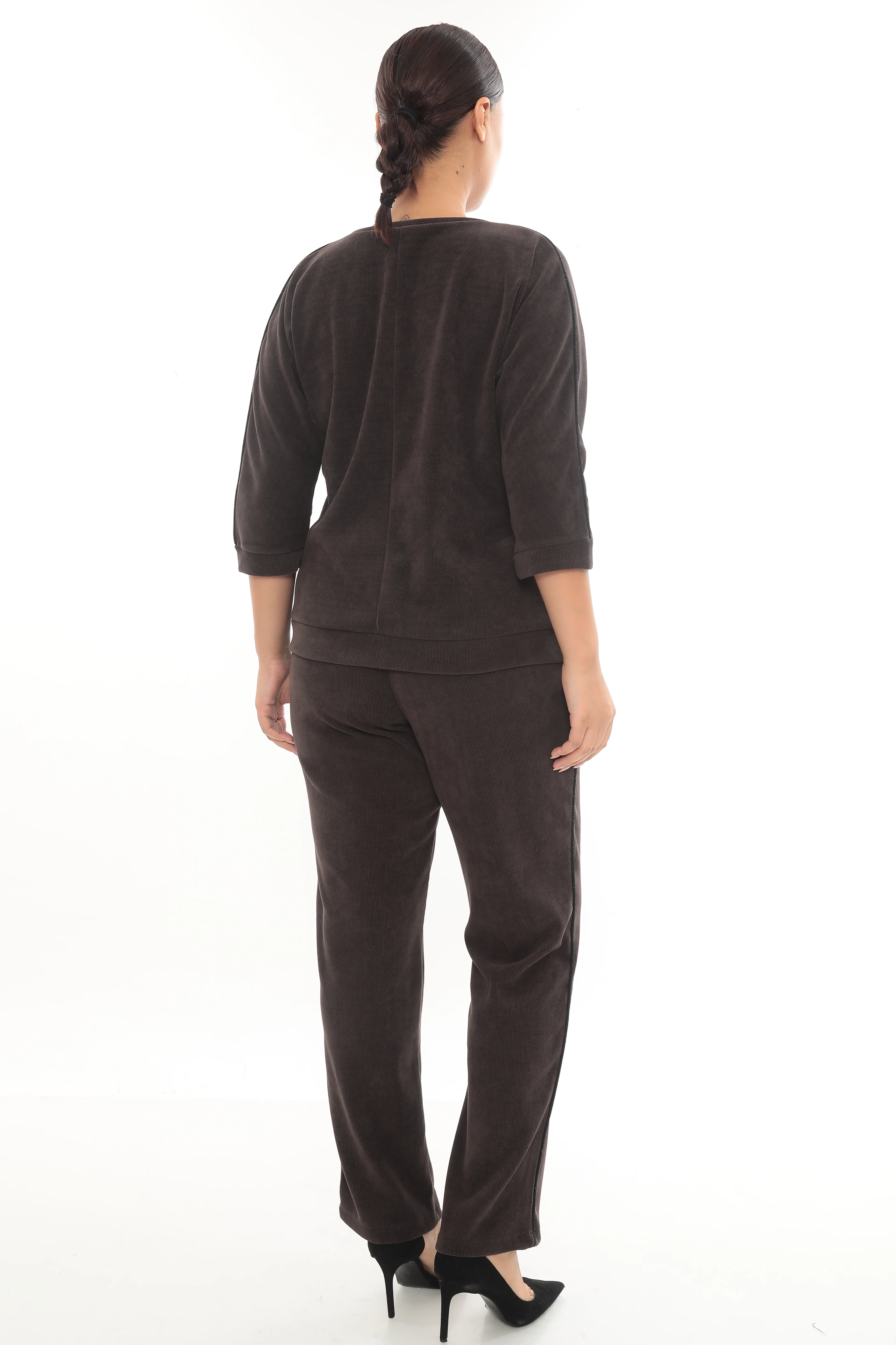 Kadın Yanları Taş Biyeli Taş Baskılı Kışlık Kadife Takım 7-04-4006