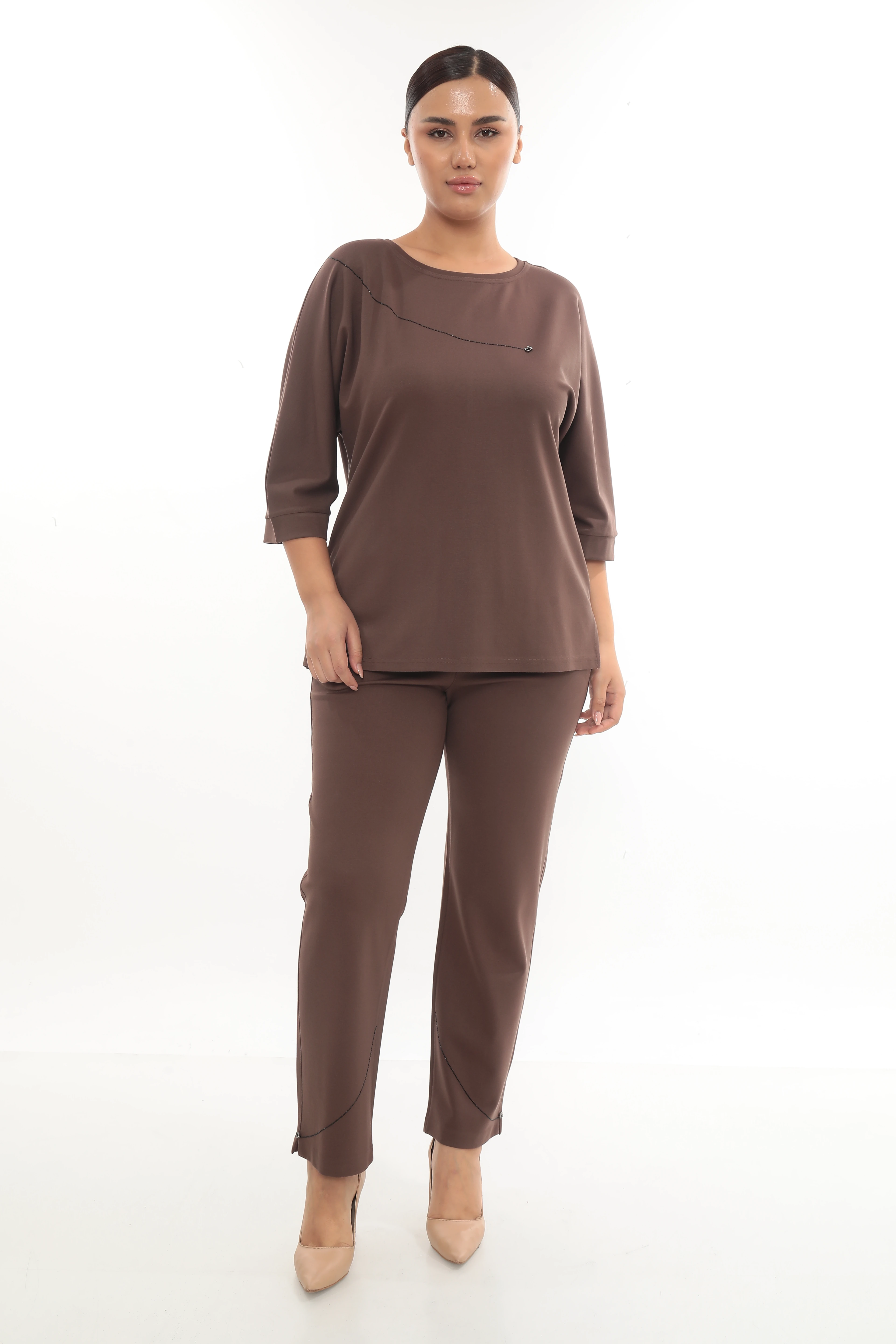 Kadın Paça Ve bluzu Taşlı Alt Üst Örme Eşofman Takımı 7-05-4003-8001 - Vizon