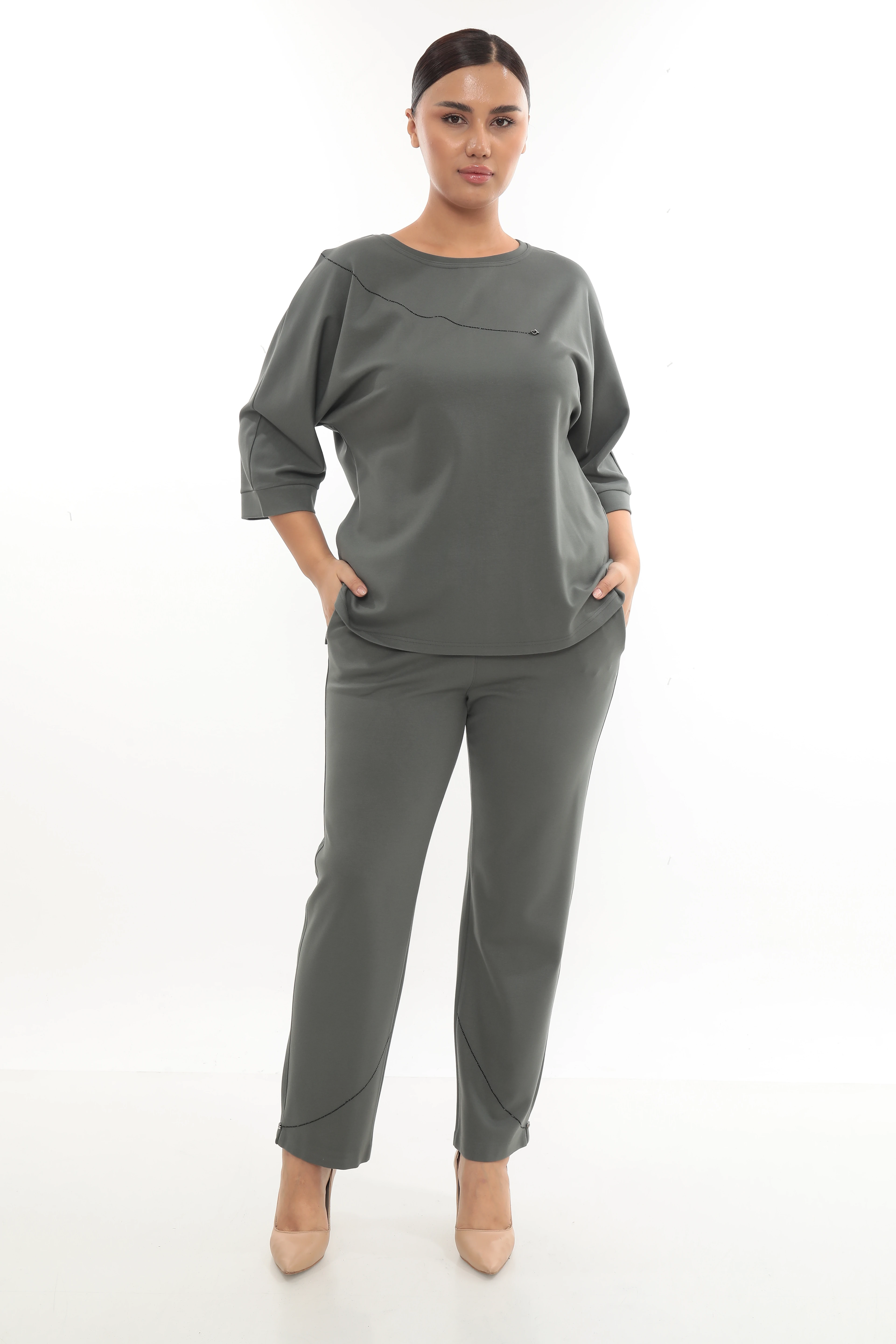 Kadın Paça Ve bluzu Taşlı Alt Üst Örme Eşofman Takımı 7-05-4003-8001 - Haki-Yeşil