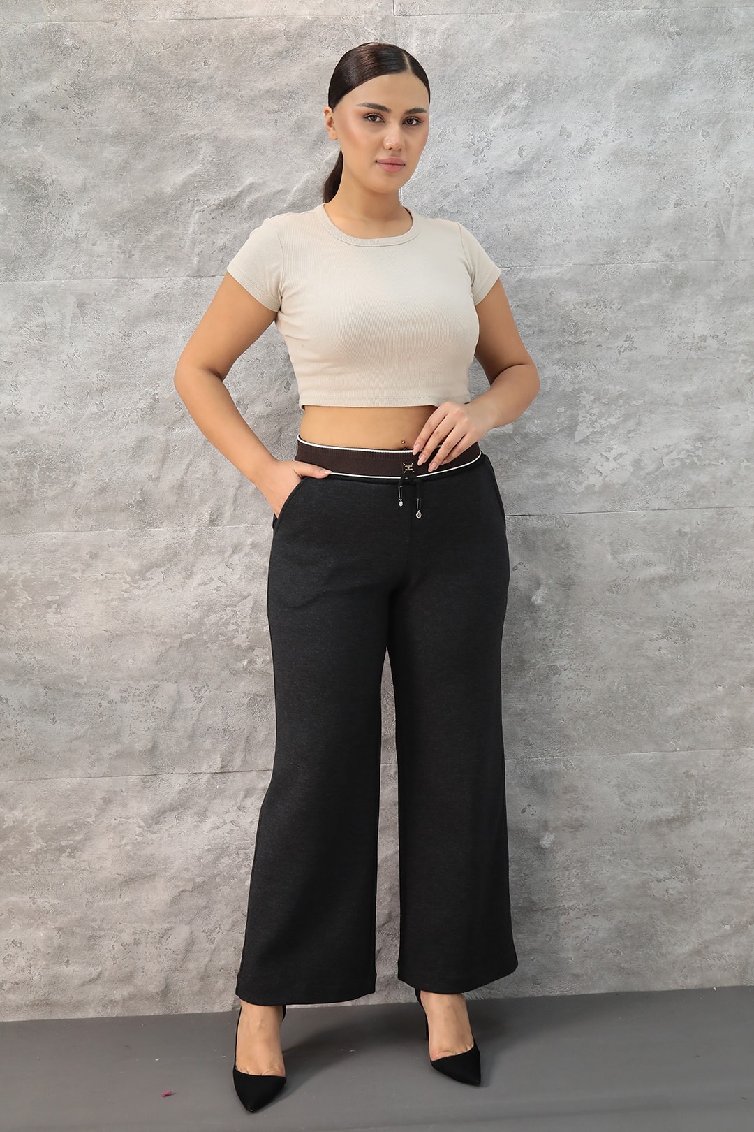 Kadın Beli Lastik Kemerli Çift Renk Şeritli Aksesuarlı Yün Kumaş Kışlık Pantolon 1-22-4035