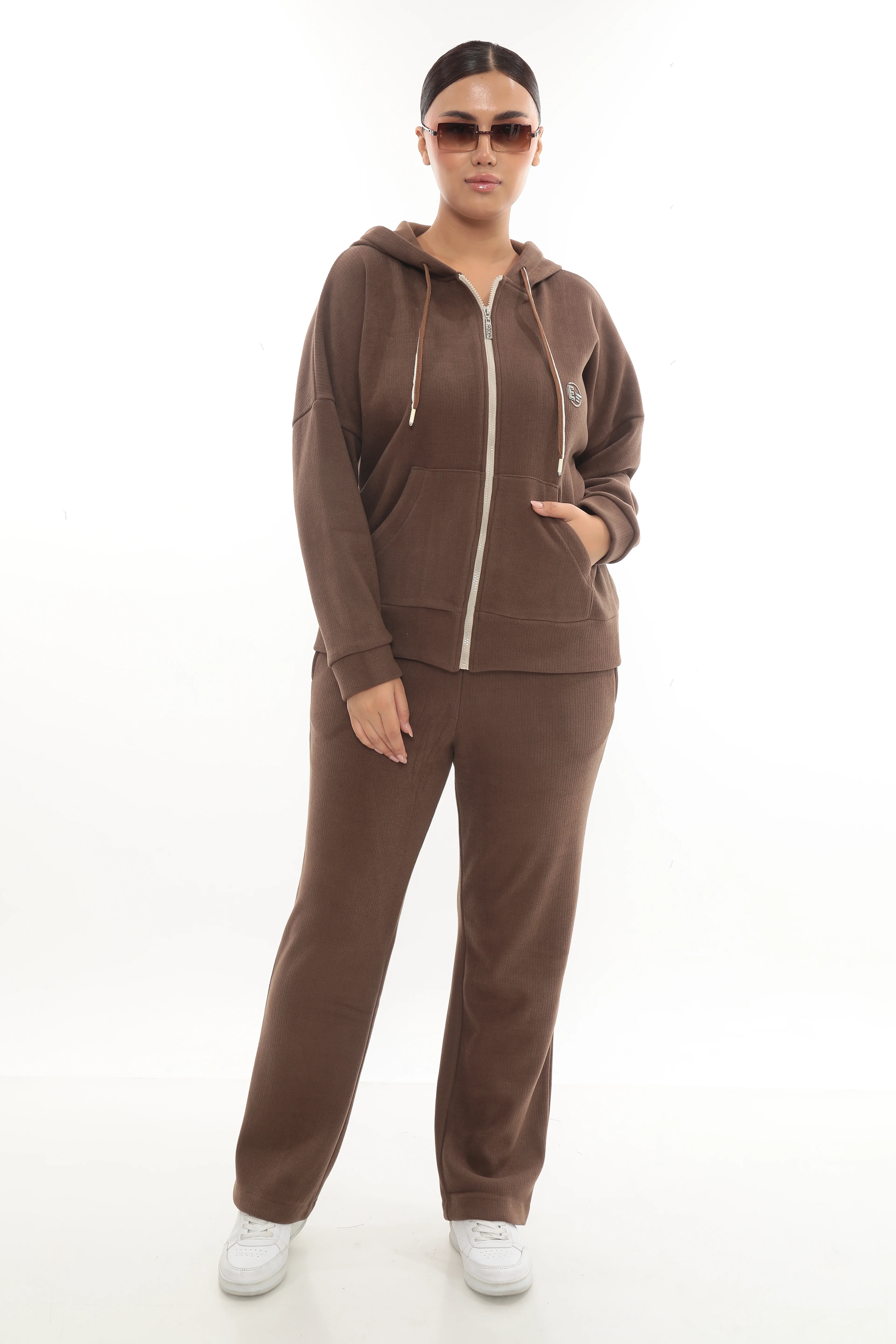 Kadın Kapüşonlu Fermuarlı Yün Kumaş Kışlık Eşofman Takımı 7-09-4012  - Vizon