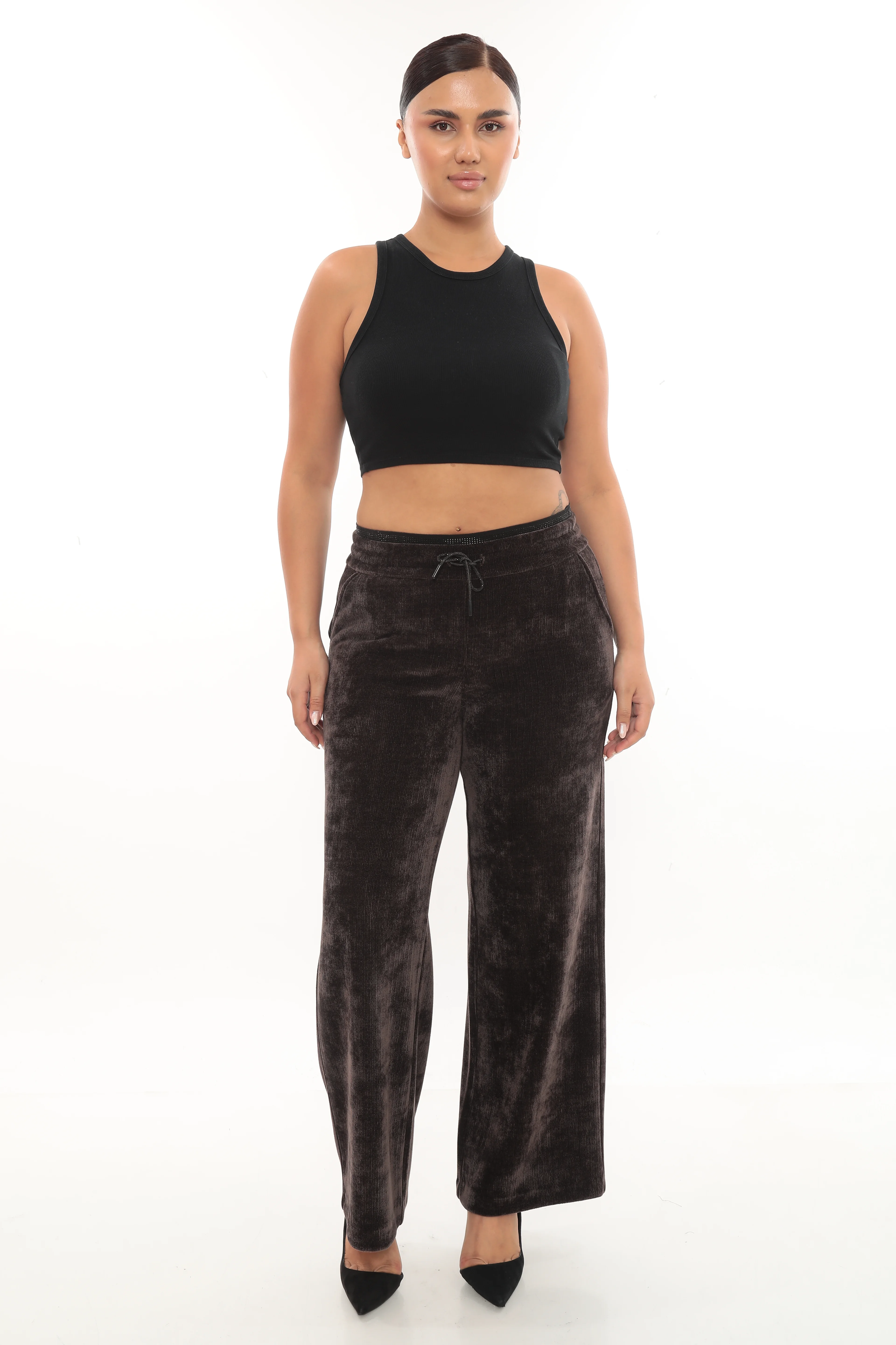 Kadın Beli Lastikli Taşlı Kalın Kadife Pantolon 1-02-4001-1001 - Kahverengi