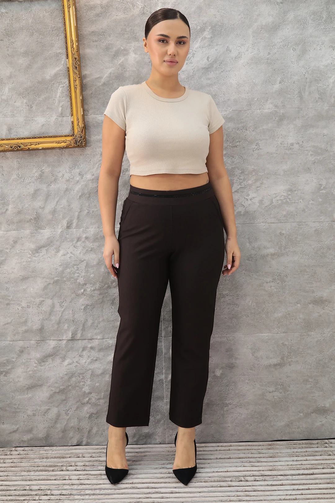 Kadın Beli Taş Şeritli En Boy Likralı Büyük Beden Örme Pantolon 1-01-4006-1 - Kahverengi