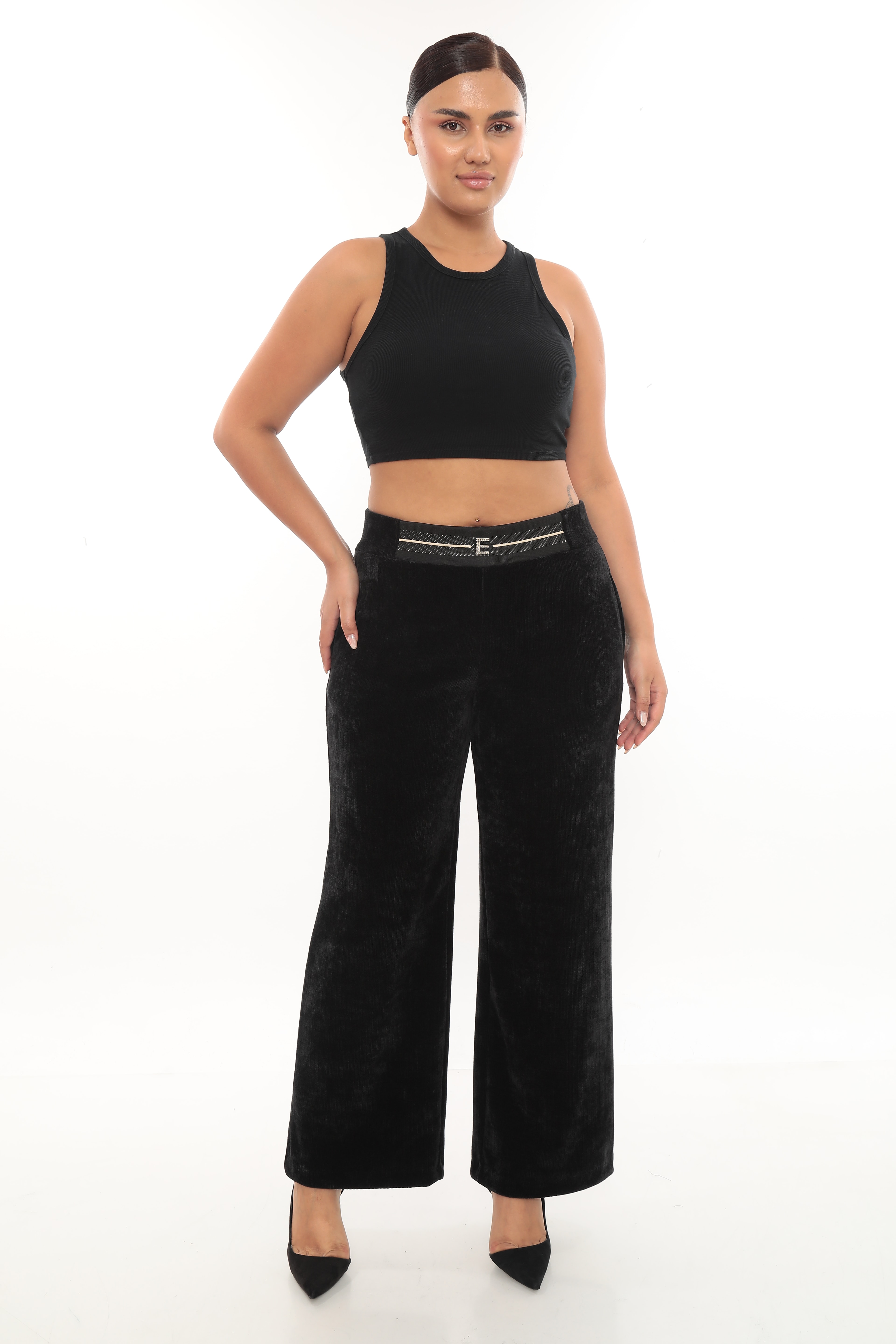 Kadın Lastik Kemerli Kalın Kadife Pantolon 1-02-4003-1002 - Siyah