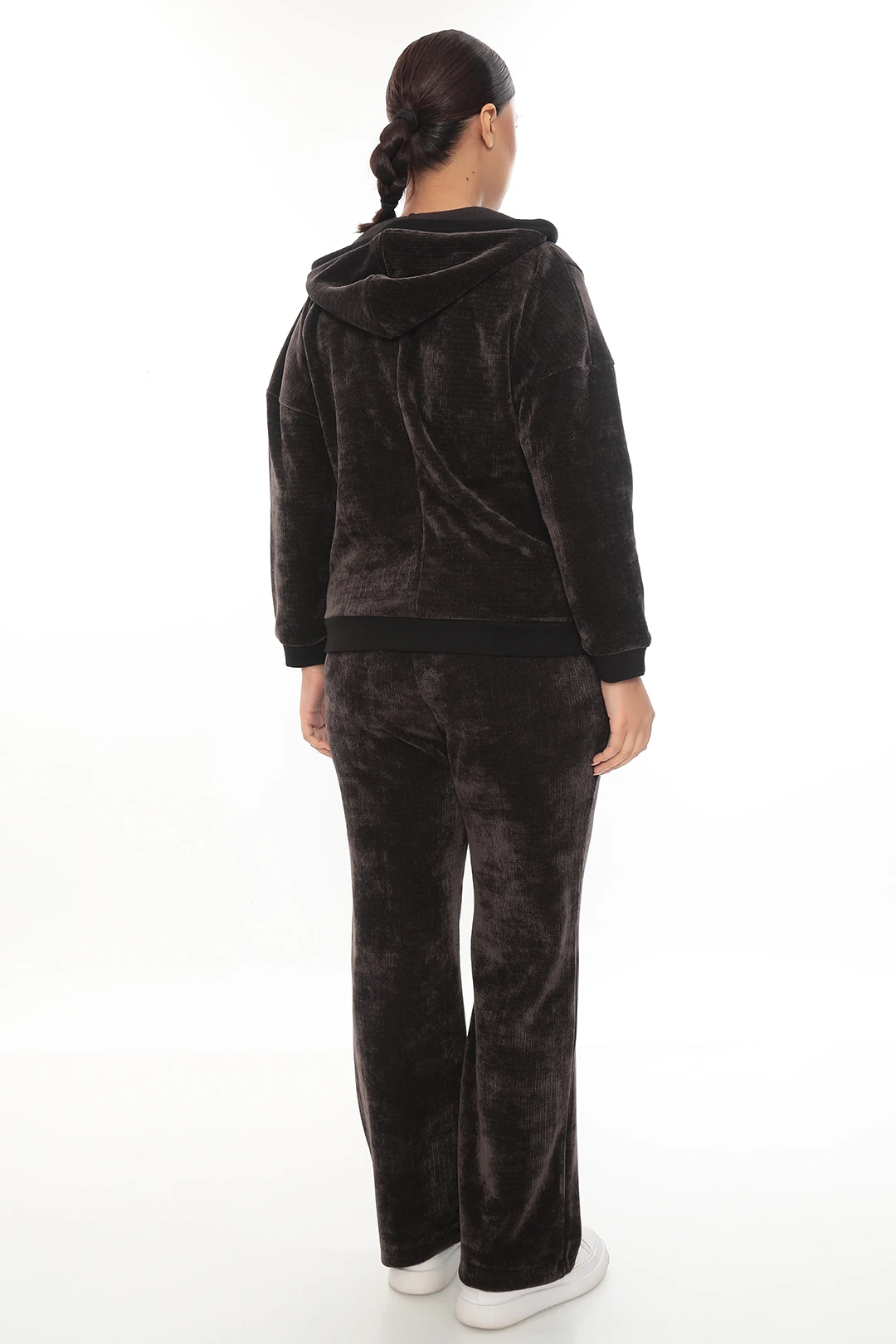 Kadın Kapüşonlu Fermuarlı Çift Renk Şeritli Kalın Kadife Eşofman Takımı 7-02-4022