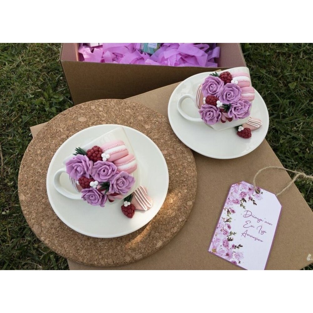 Dünyanın en iyi annesine-Pink roses çift fincan gift box