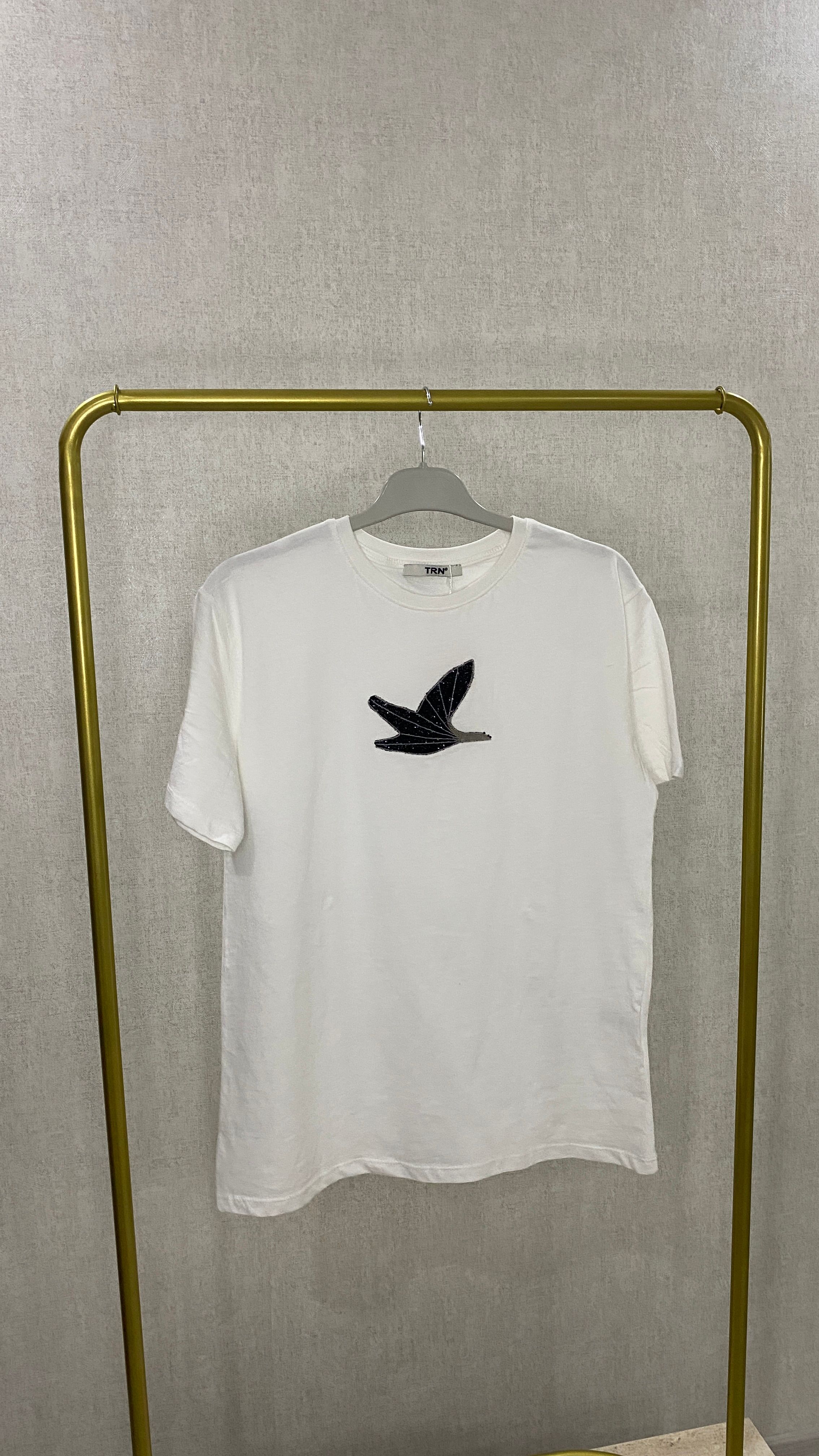 Kuş Nakışlı T-shirt Beyaz