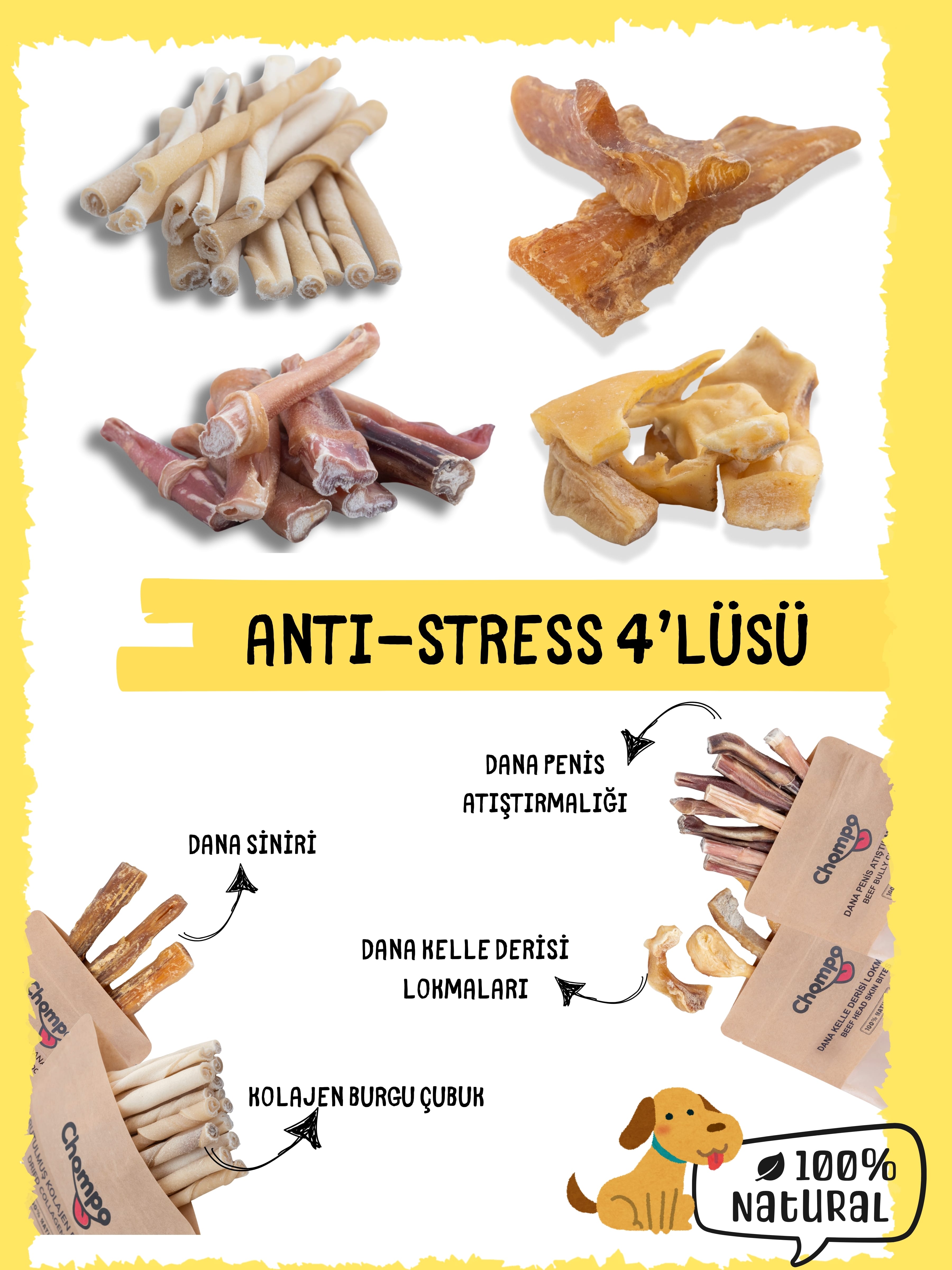 100% Dana Anti-Stress 4'lüsü Katkısız Köpek Ödülü 4x100 Gr