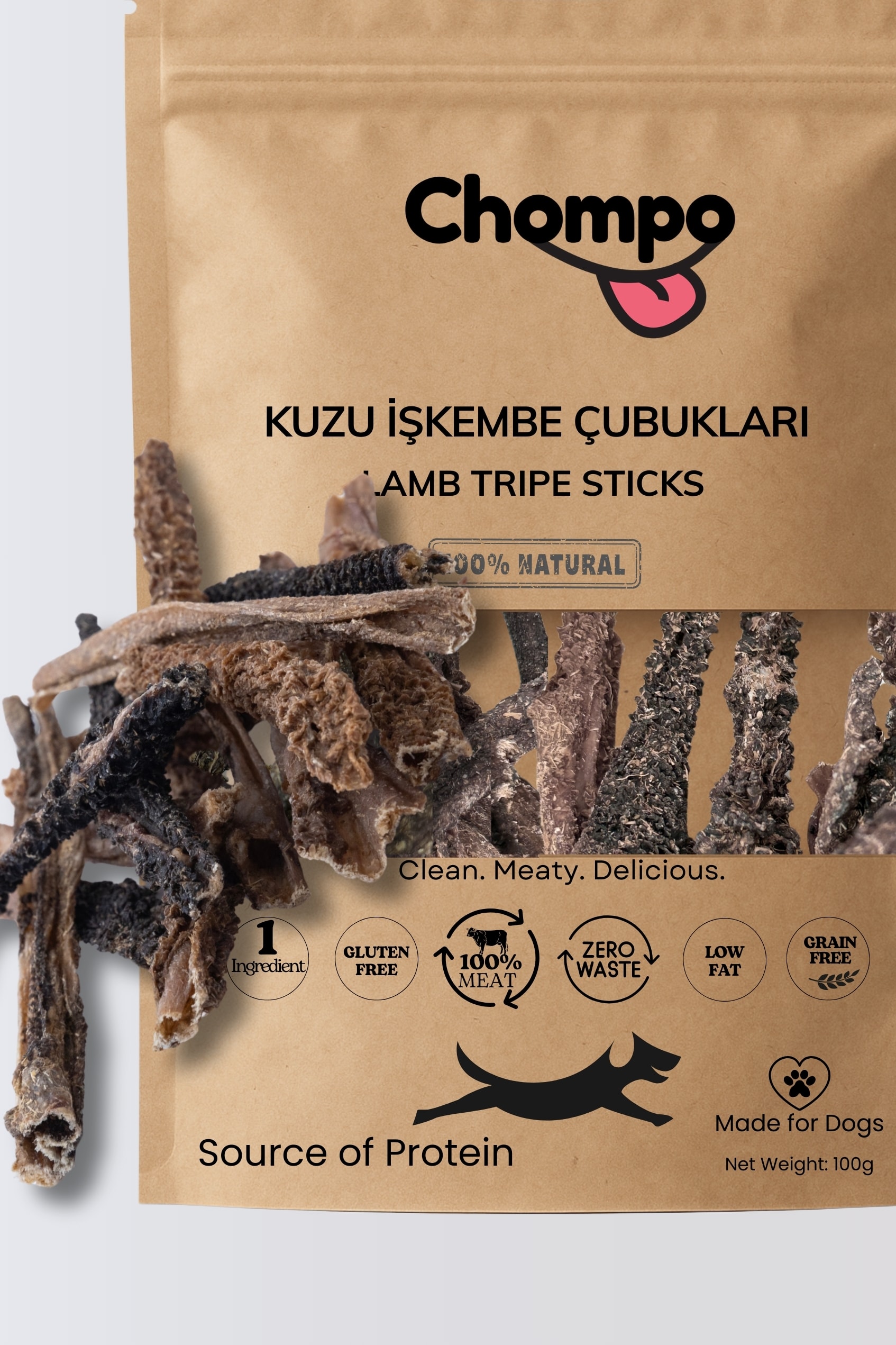 100% Kuzu İşkembe Çubukları Katkısız Köpek Ödülü 100 Gr