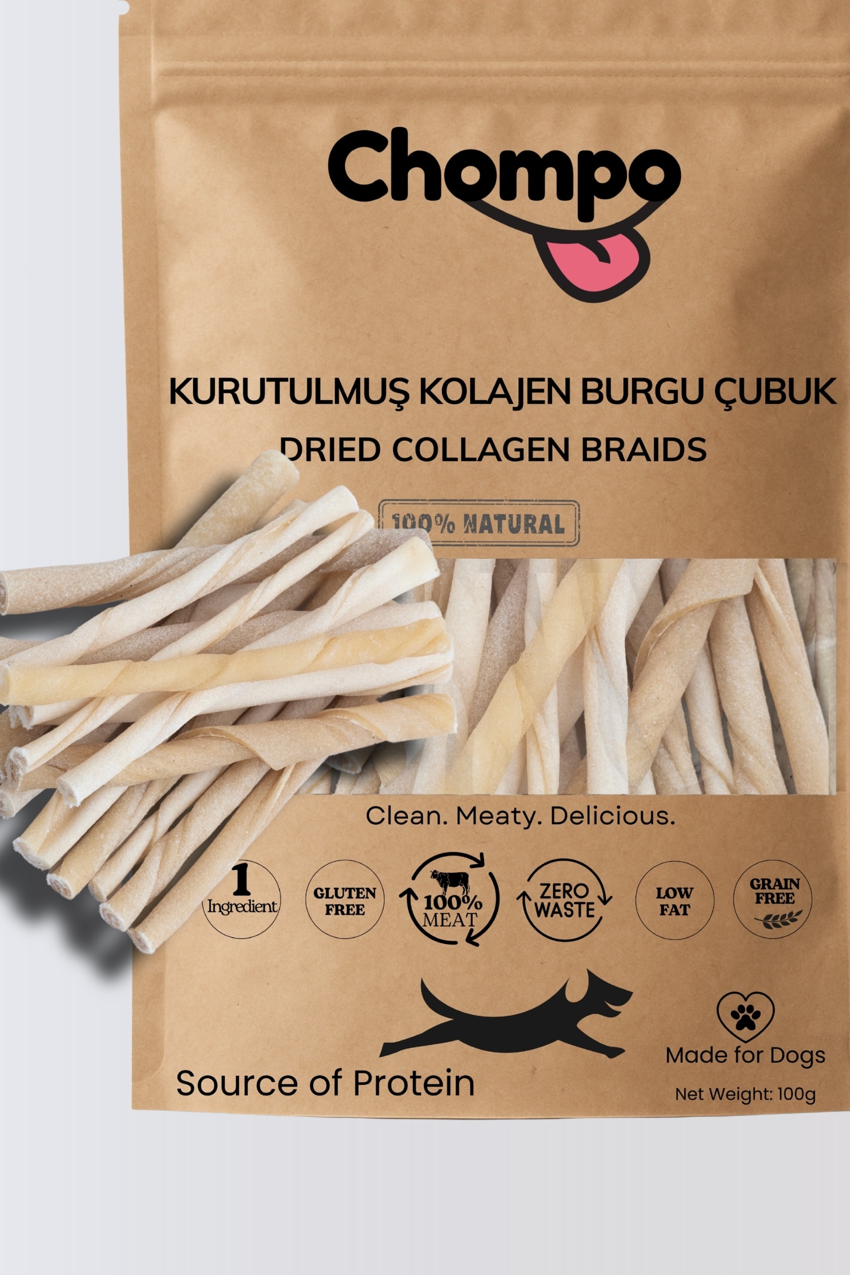 100% Dana Kolajen Burgu Çubukları Katkısız Köpek Ödülü 100 Gr