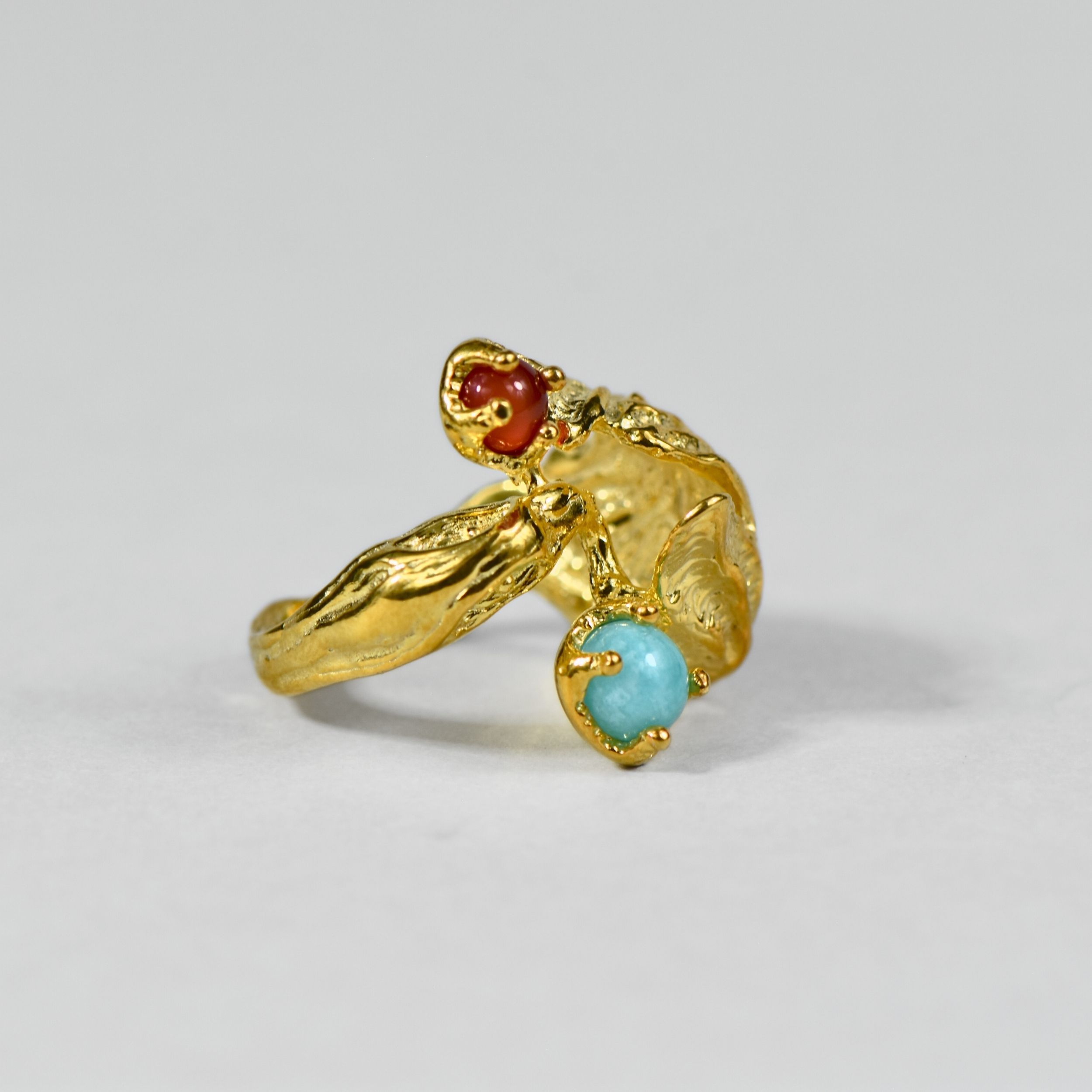 Doğal Amazonite ve Karnelyan Taşlı Altın Kaplama Gümüş Yüzük