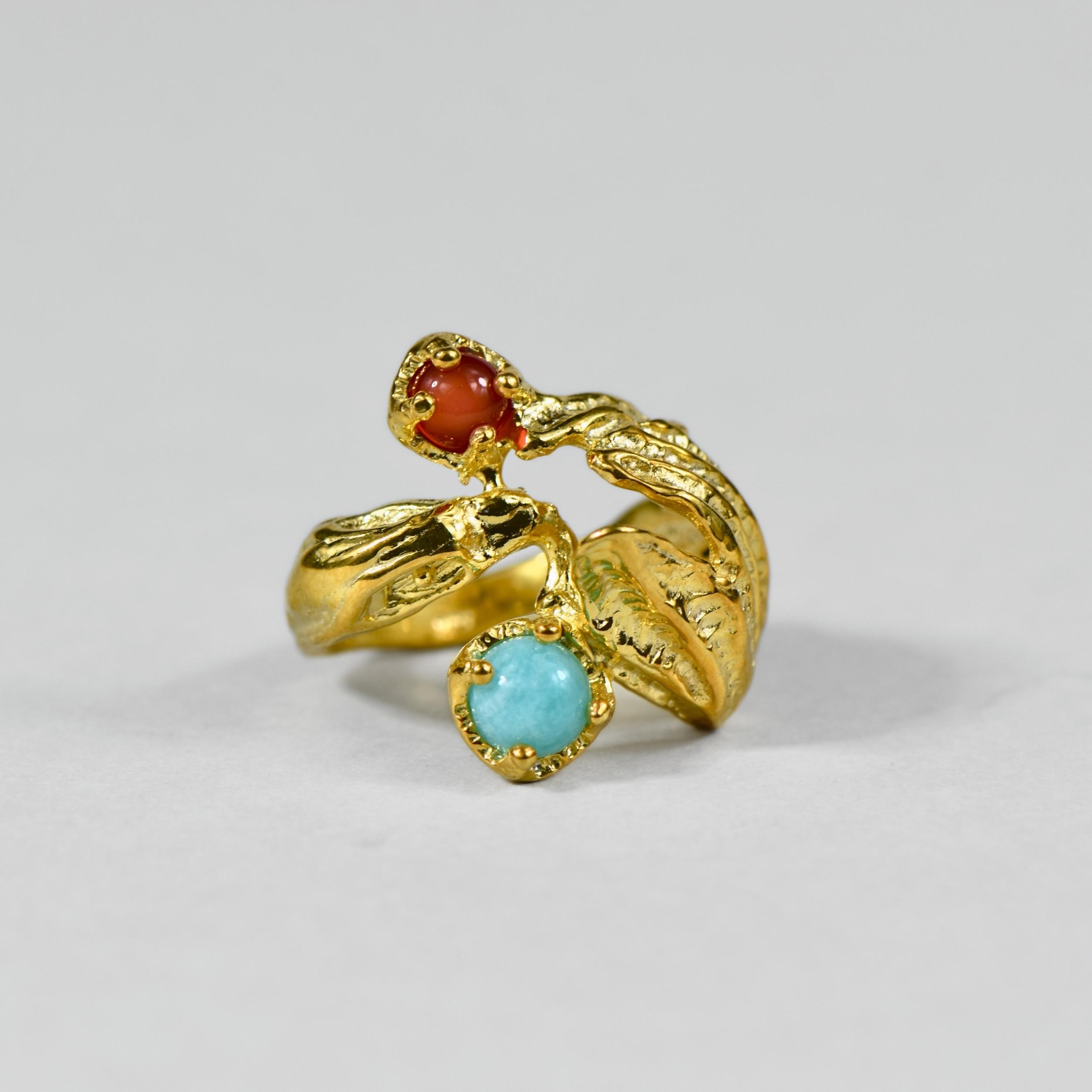 Doğal Amazonite ve Karnelyan Taşlı Altın Kaplama Gümüş Yüzük