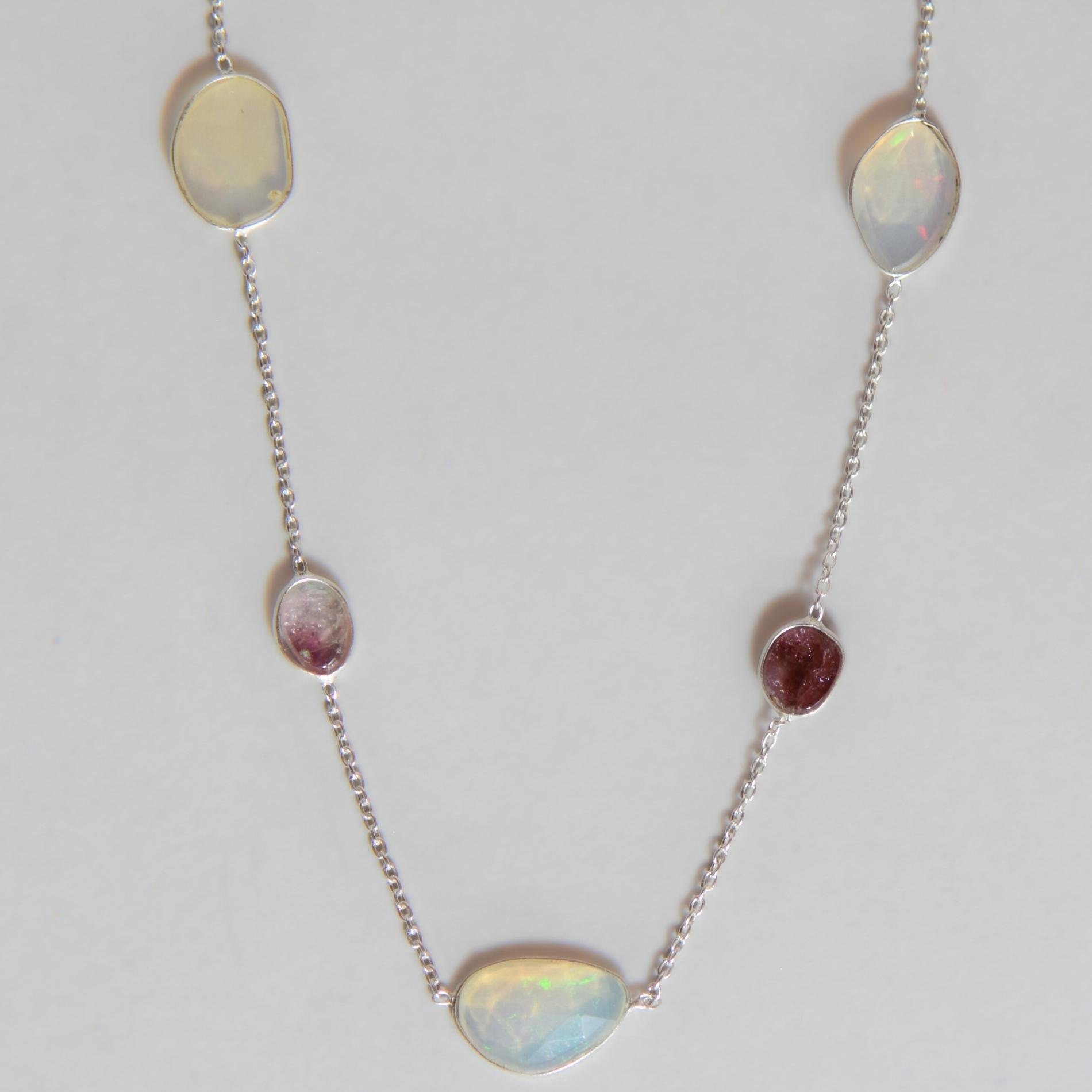 Doğal Opal ve Turmalin Taşlı 45 cm Gümüş Kolye