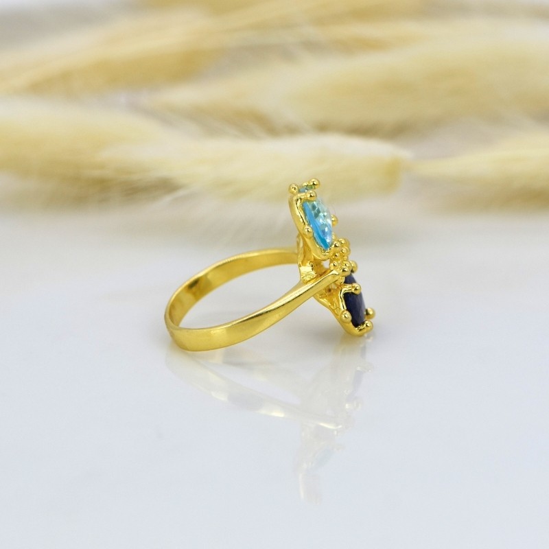 Sarı Altın Kaplama Gümüş Safir ve Mavi Topaz Taşlı Yüzük