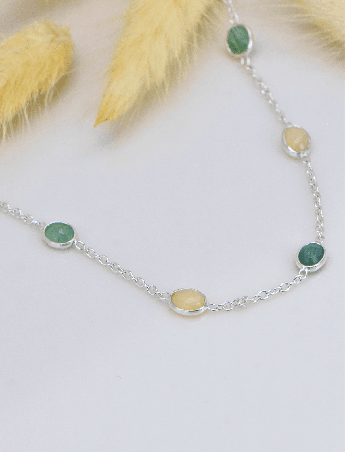 Doğal Opal ve Zümrüt Taşlı 90 cm Gümüş Kolye
