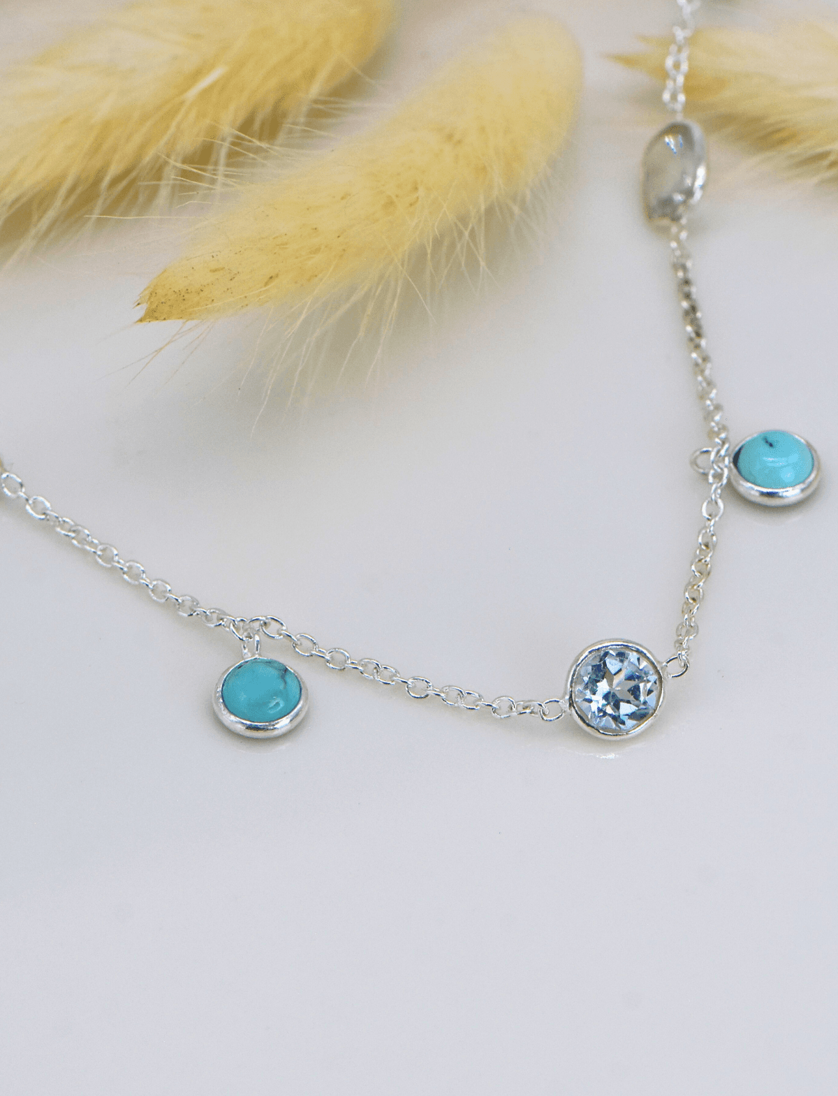 Doğal Blue Topaz ve Turkuaz Taşlı 90 Cm Gümüş Kolye