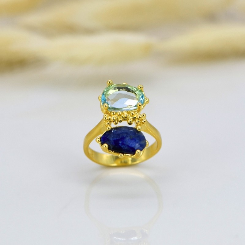 Sarı Altın Kaplama Gümüş Safir ve Mavi Topaz Taşlı Yüzük