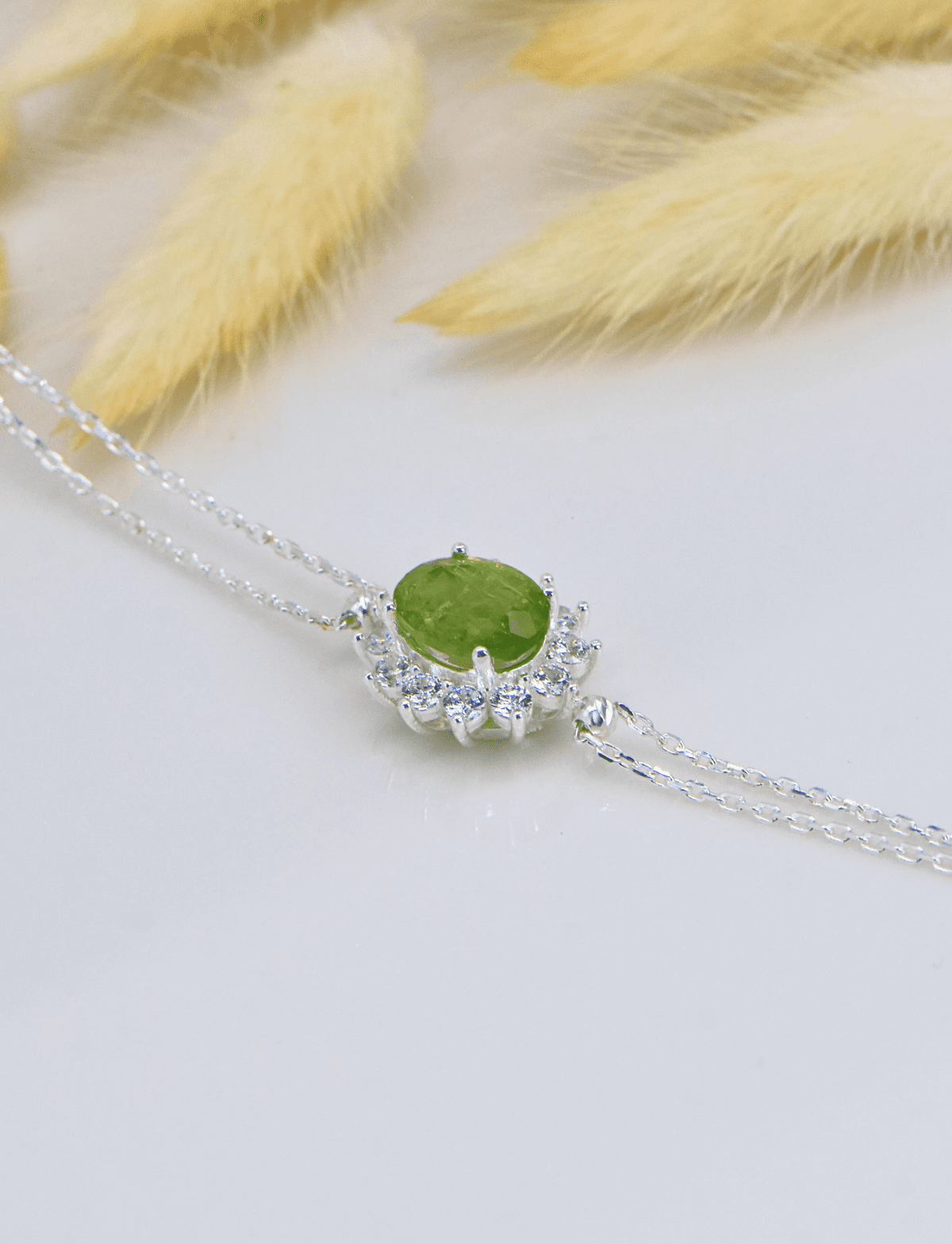 Doğal Peridot Taşlı Beyaz Altın Kaplama Gümüş Bileklik