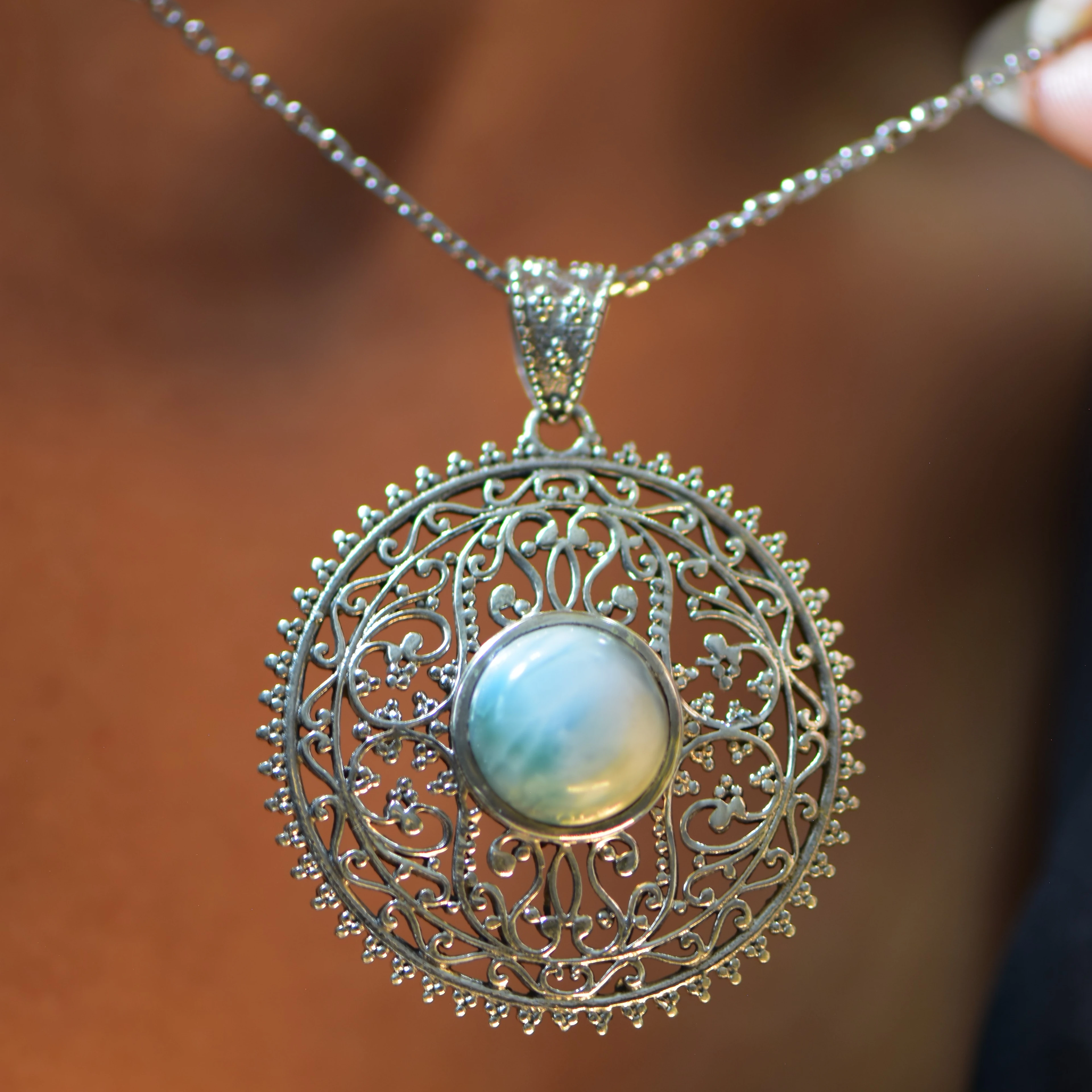 Doğal Larimar Taşlı Oksitli Gümüş Kolye