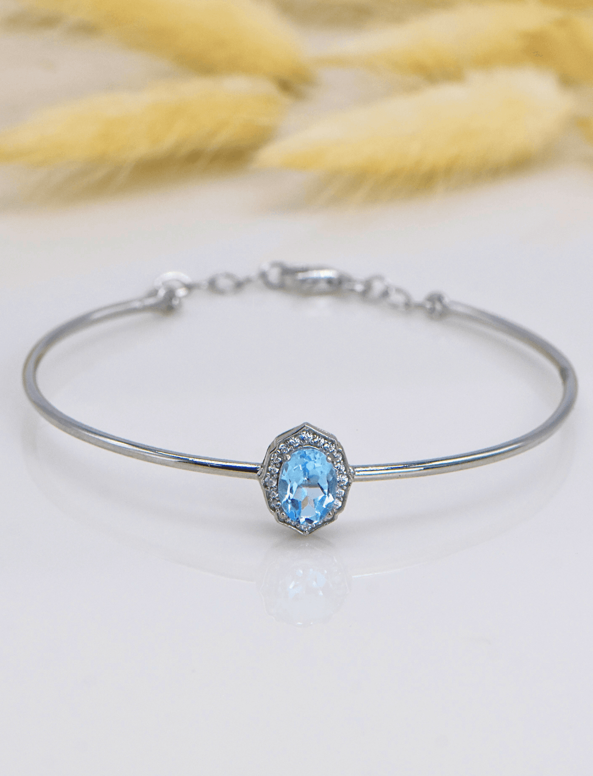 Beyaz Altın Kaplama Doğal Blue Topaz Taşlı Gümüş Bileklik