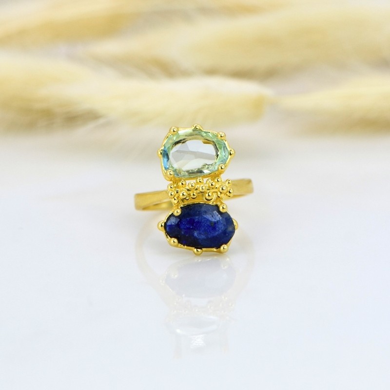 Sarı Altın Kaplama Gümüş Safir ve Mavi Topaz Taşlı Yüzük