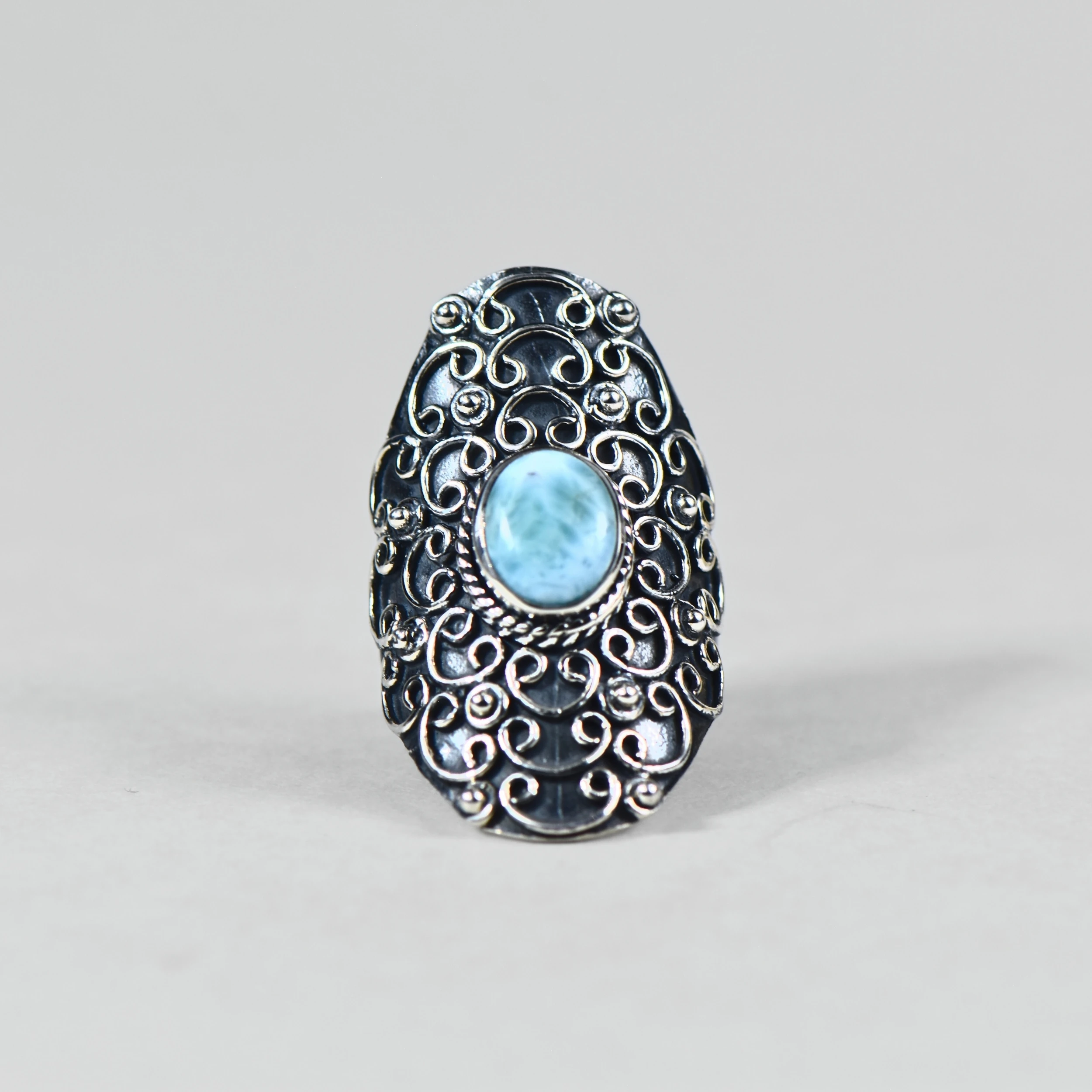 Doğal Larimar Taşlı Oksitli Otantik Gümüş Yüzük