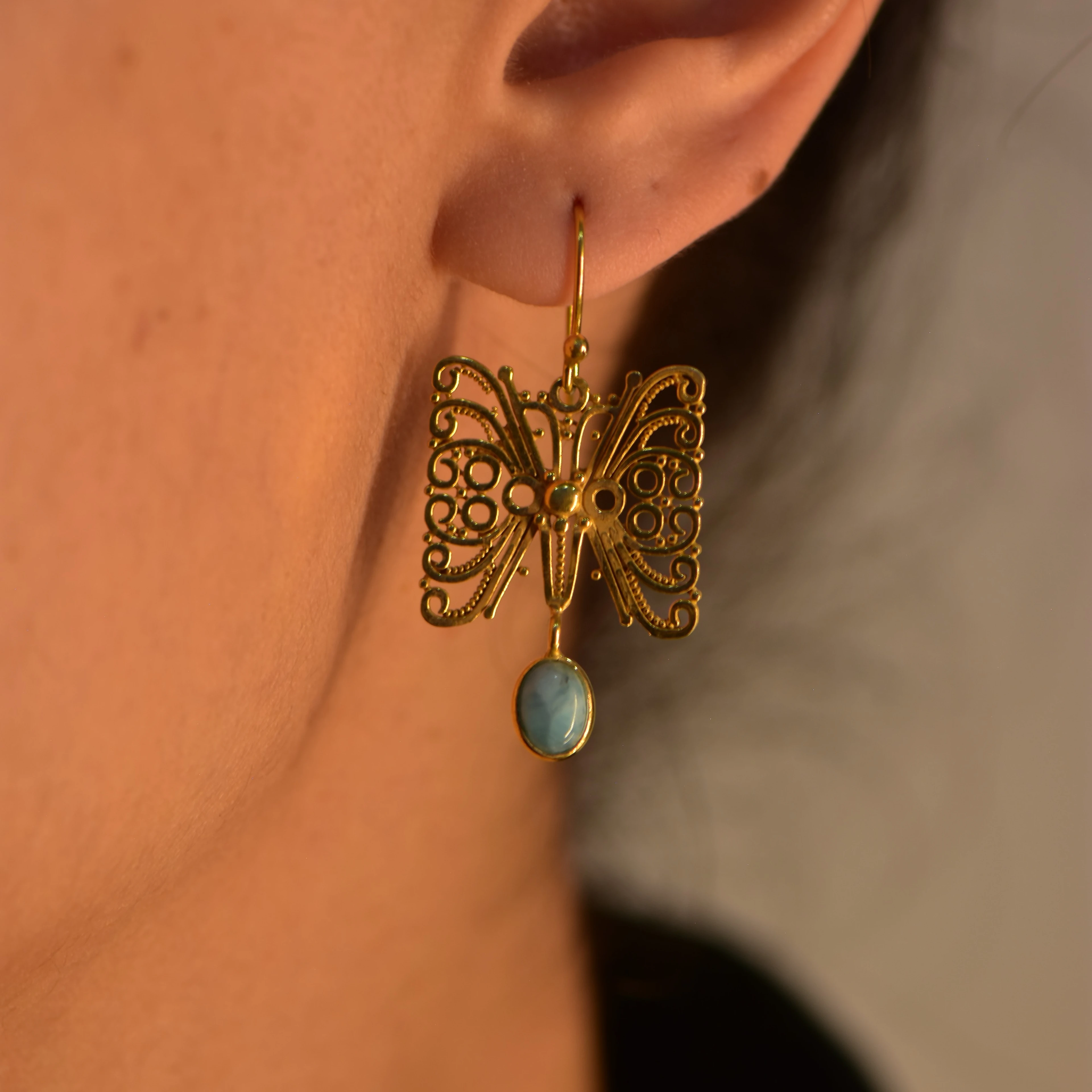 Doğal Larimar Taşlı Altın Kaplama Gümüş Yüzük