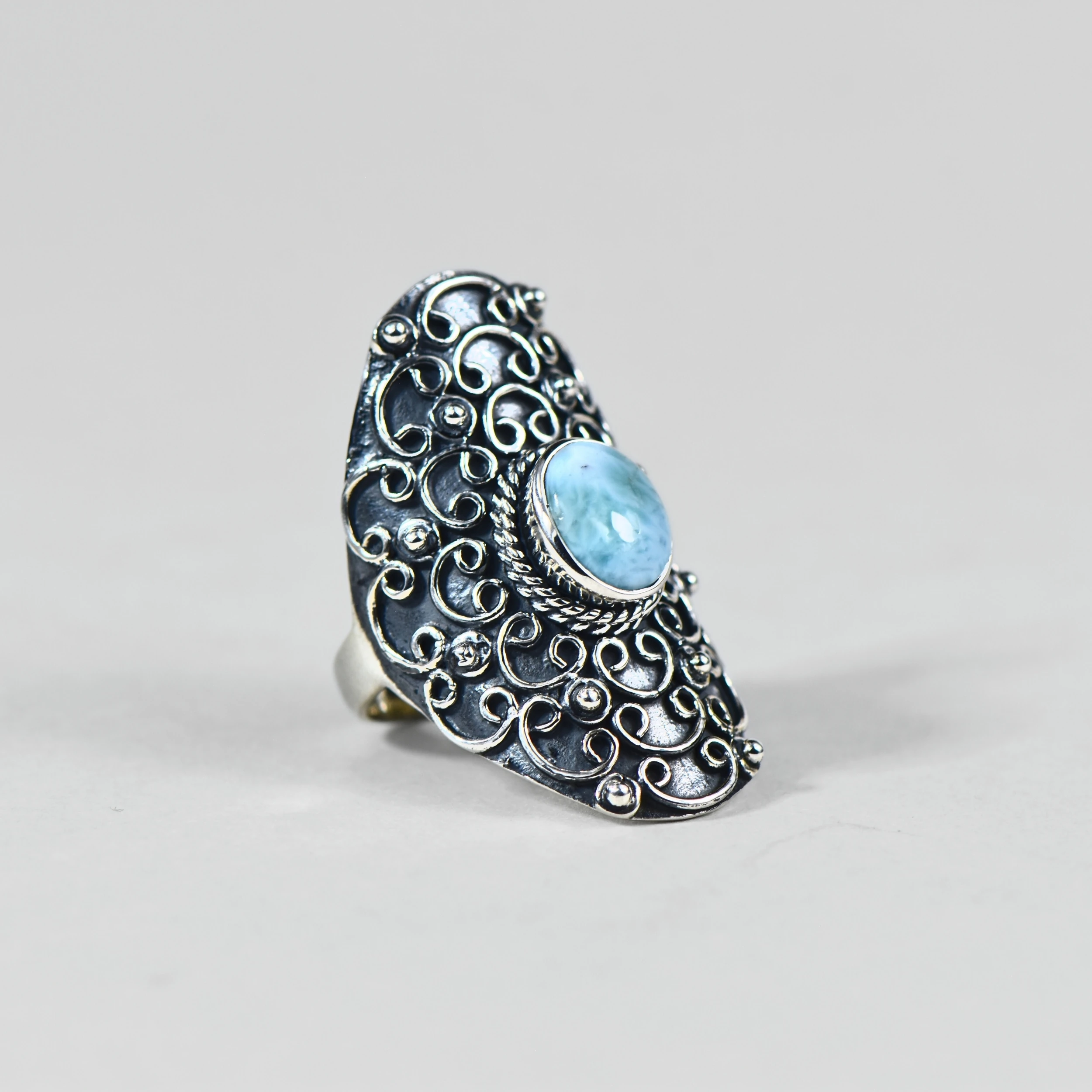 Doğal Larimar Taşlı Oksitli Otantik Gümüş Yüzük