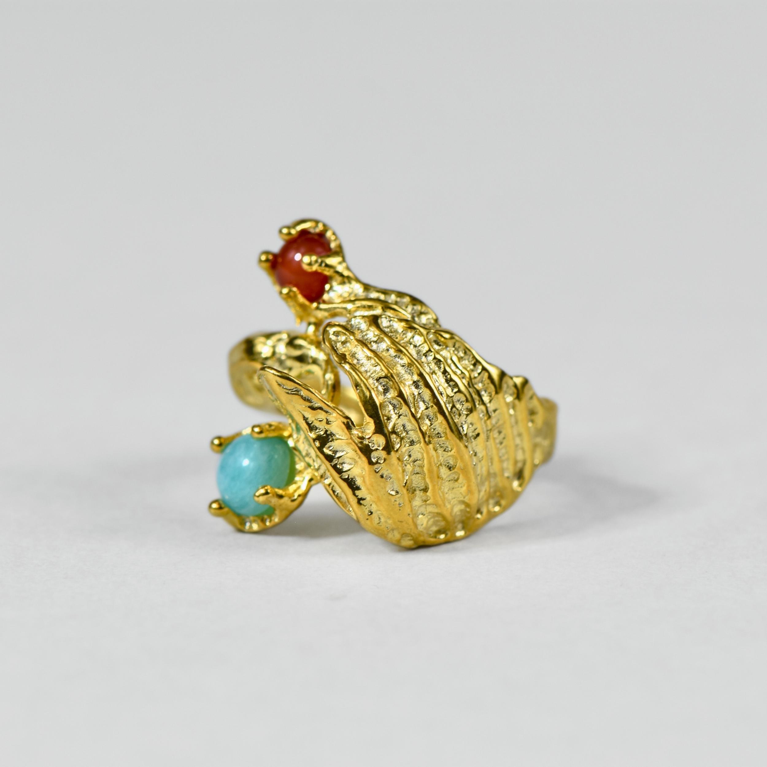 Doğal Amazonite ve Karnelyan Taşlı Altın Kaplama Gümüş Yüzük