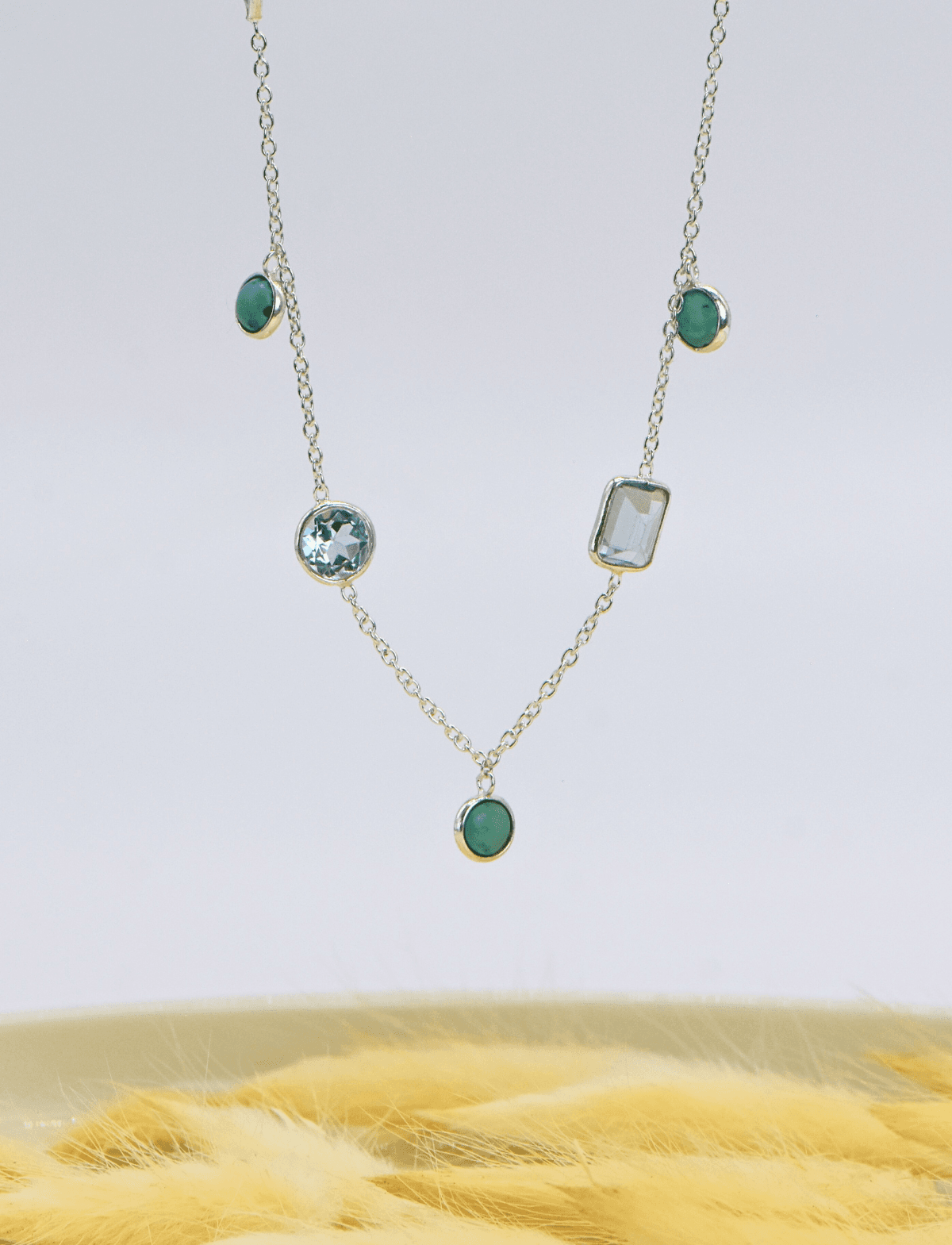 Doğal Blue Topaz ve Turkuaz Taşlı 90 Cm Gümüş Kolye