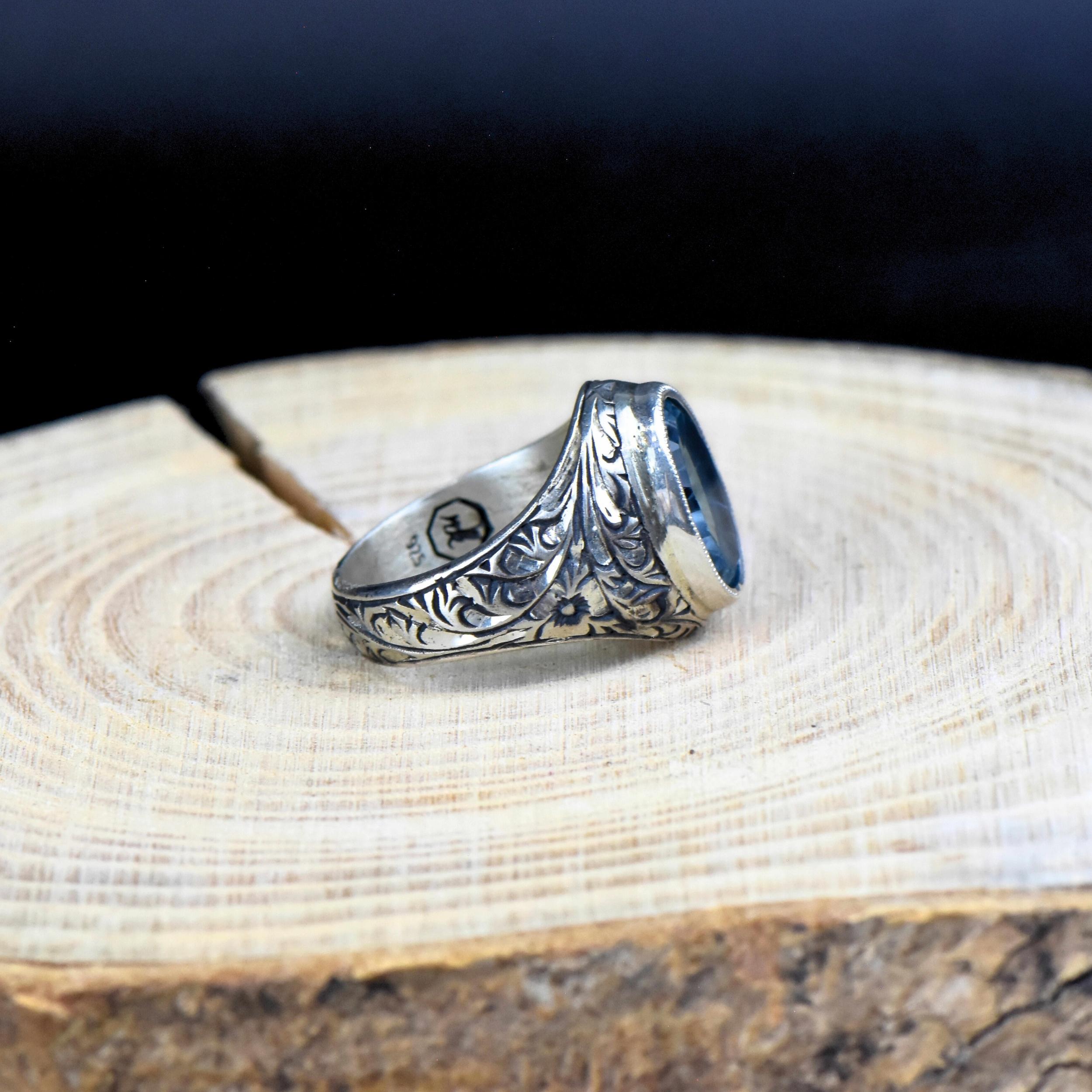 Doğal Blue Topaz Taşlı Gümüş Erkek Yüzük