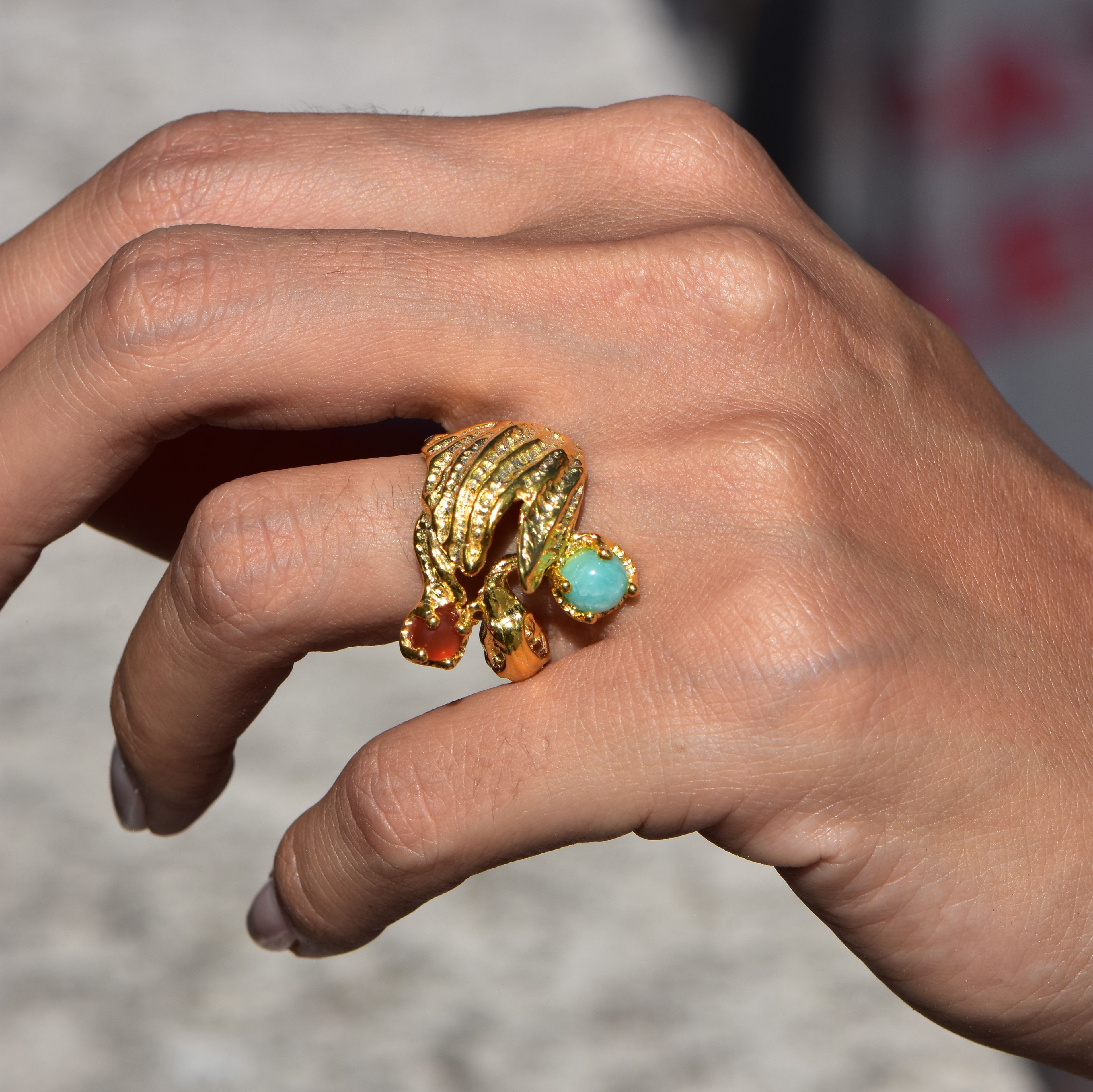 Doğal Amazonite ve Karnelyan Taşlı Altın Kaplama Gümüş Yüzük