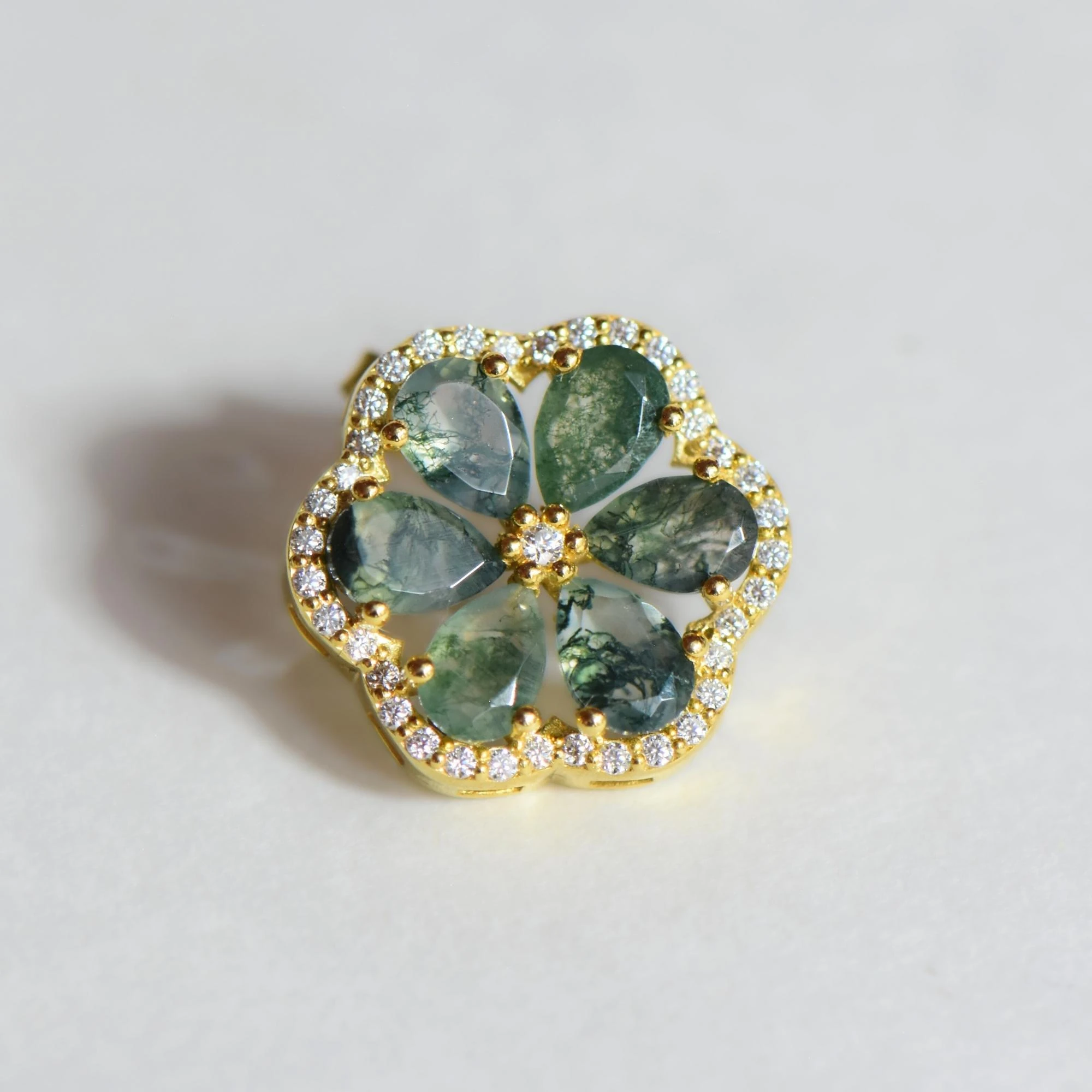 Doğal Mozanit ve Moss Agate Taşlı Çiçek Formlu Gümüş Küpe