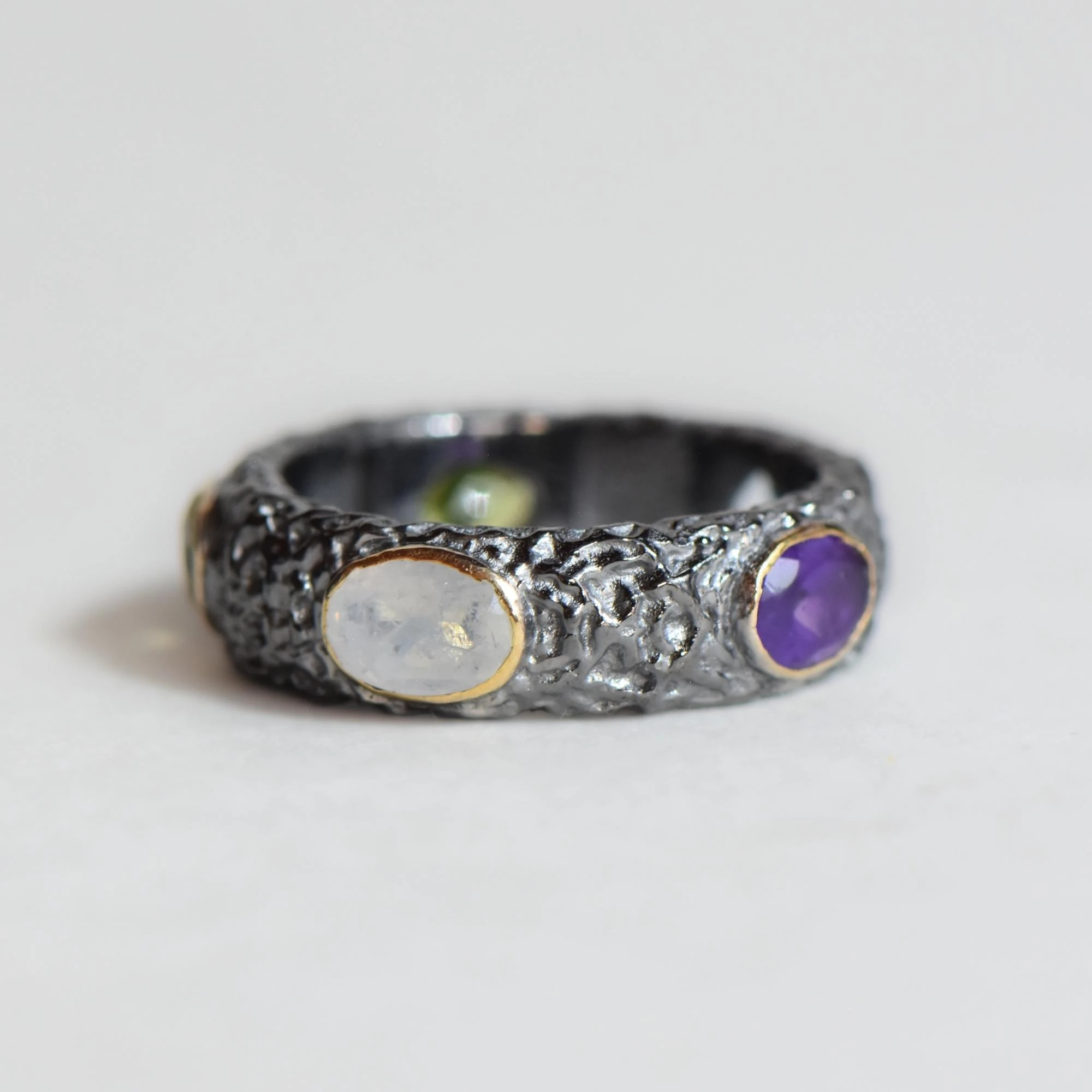 Doğal Mix Taşlı Tam Tur Gümüş Yüzük