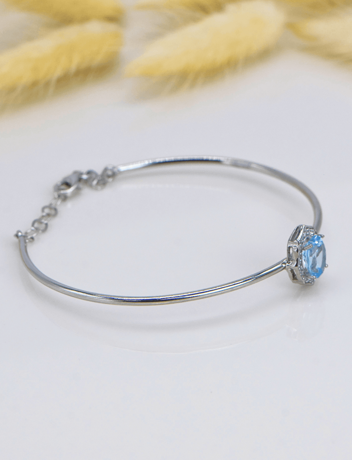 Beyaz Altın Kaplama Doğal Blue Topaz Taşlı Gümüş Bileklik