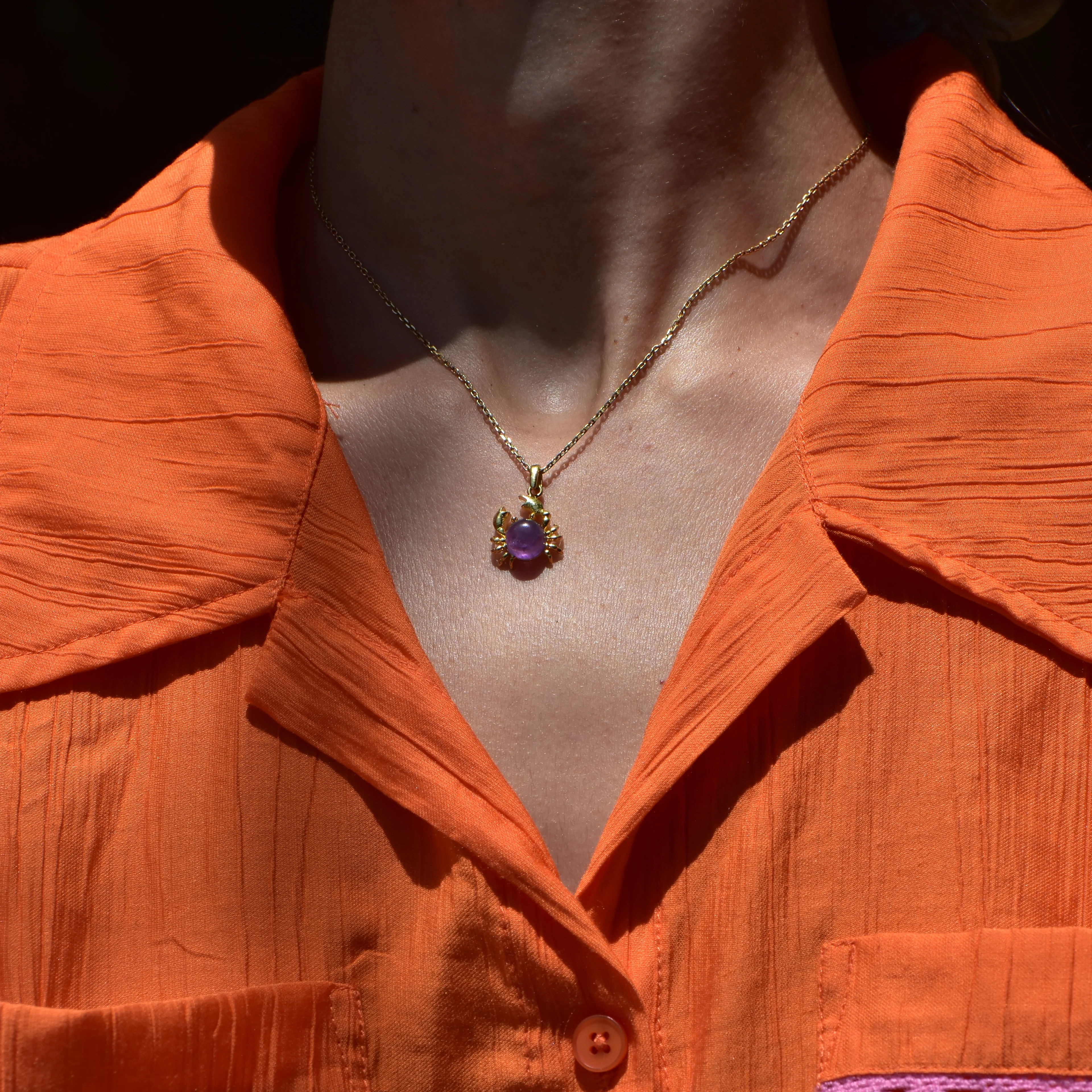 Doğal Ametist Taşlı Altın Kaplama Gümüş Yengeç Kolye