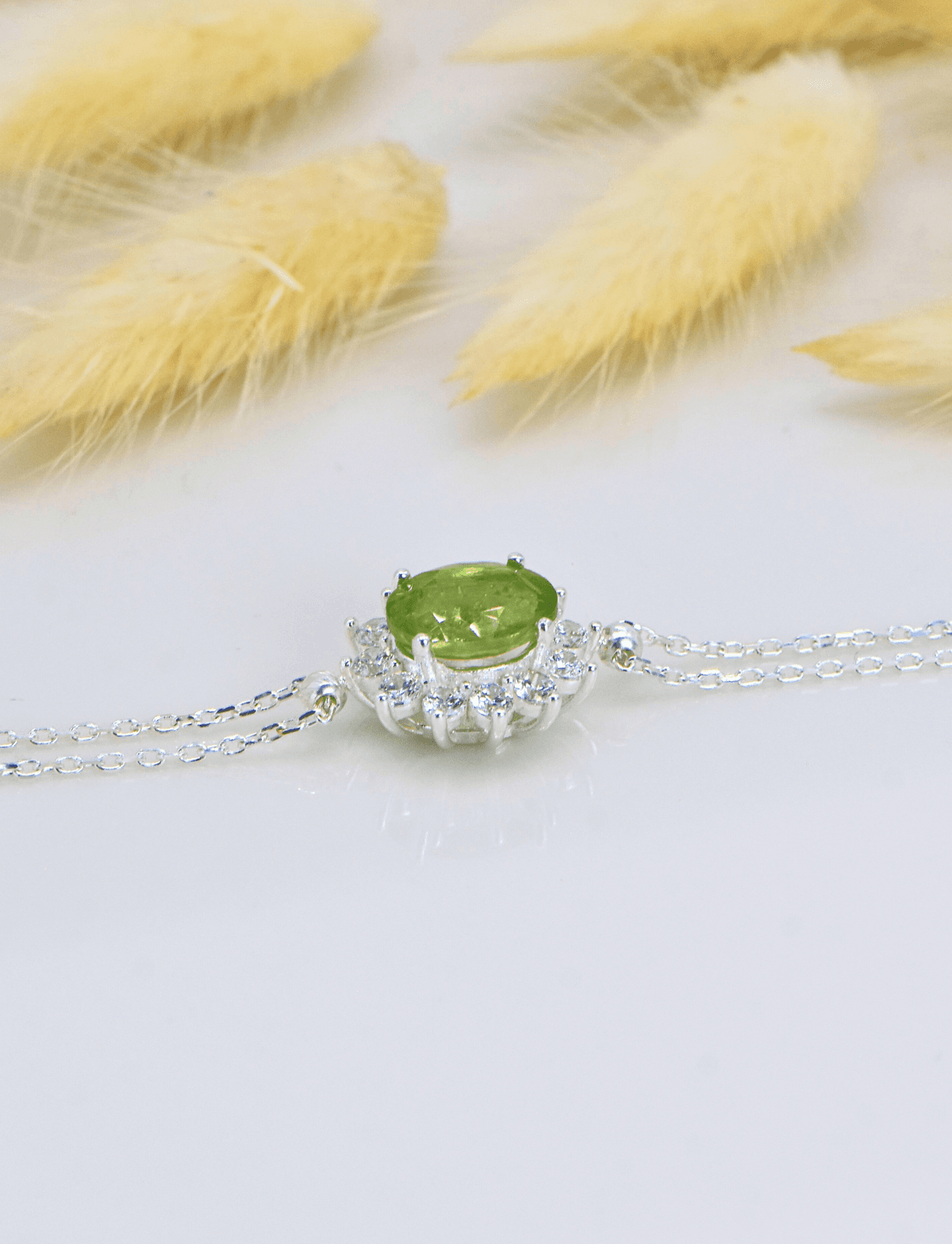 Doğal Peridot Taşlı Beyaz Altın Kaplama Gümüş Bileklik