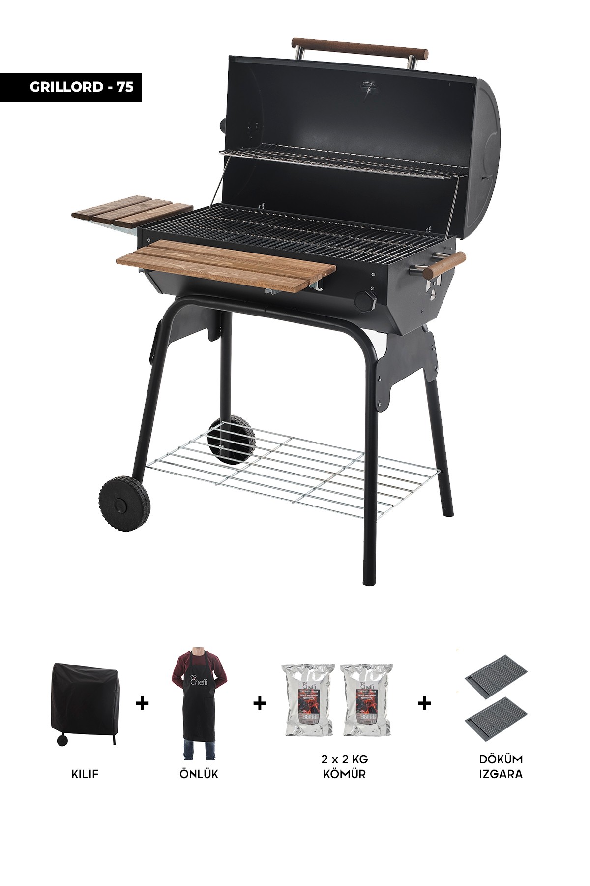 Cheffi Grillord‑75 Kömürlü Barbekü (2 Adet Döküm Izgaralı) + Hediye Seti (Önlük + Kılıf + 2×2 kg Kömür)