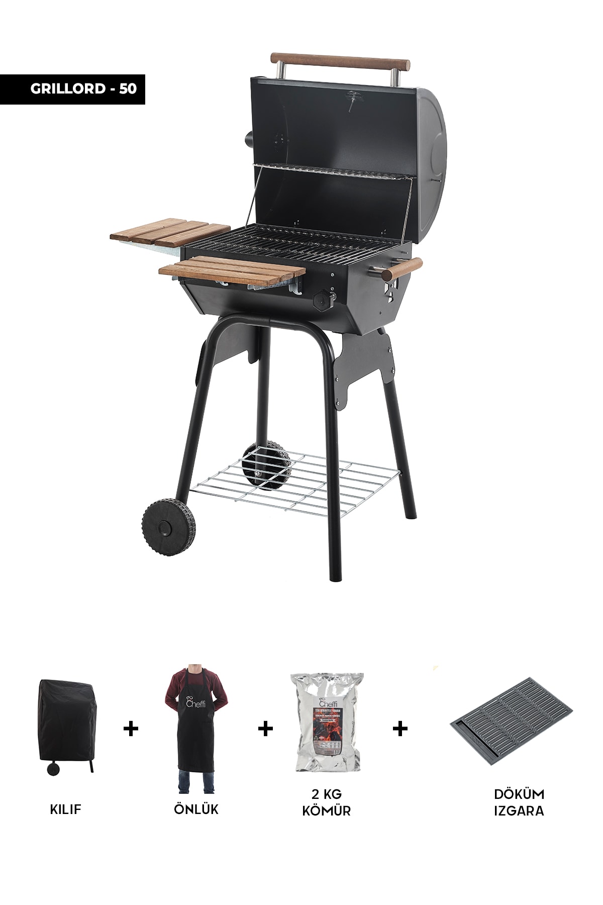 Cheffi Grillord‑50 Kömürlü Barbekü (1 Adet Döküm Izgaralı) + Hediye Seti (Önlük + Kılıf + 1×2 kg Kömür)