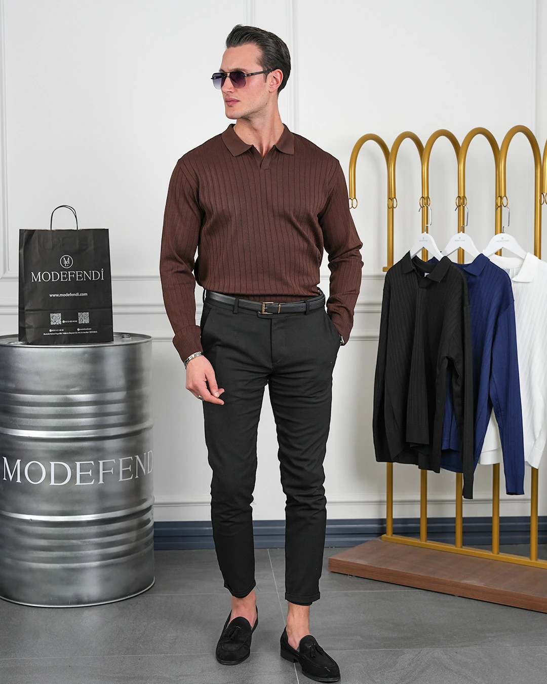 Pamuk Likra Slim Fit Kesik Yaka Dikey Çizgi Triko Kazak