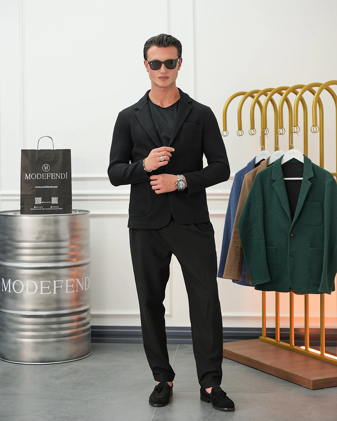 Petek Örme Torba Cep Ceket - Siyah