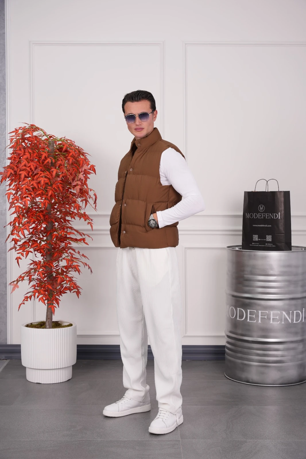 Boncuk Elyaf Şişme Yelek - Kahverengi