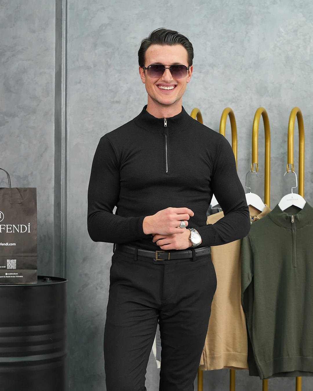 Pamuk Likra Slim Fit Yarım Fermuarlı Kazak