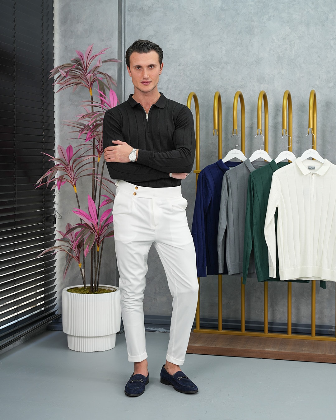 Pamuk Likra Slim Fit Geniş Dikey Desenli Fermuar Detaylı Kazak
