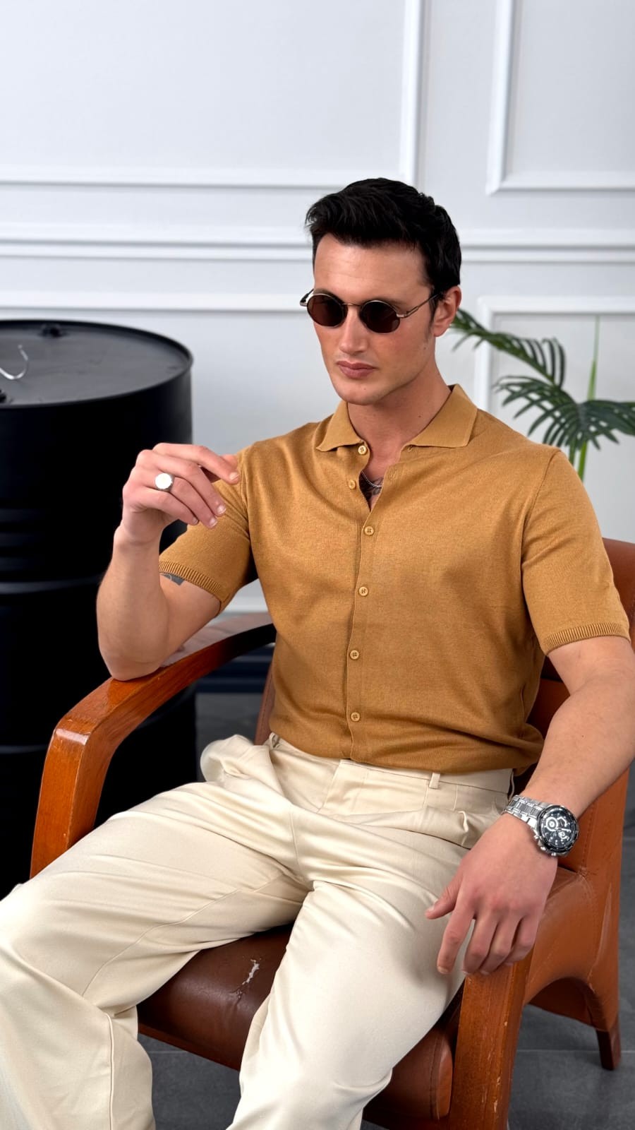 Slim Fit Polo Yaka Triko Pamuk Kısa Kollu Gömlek - Taba